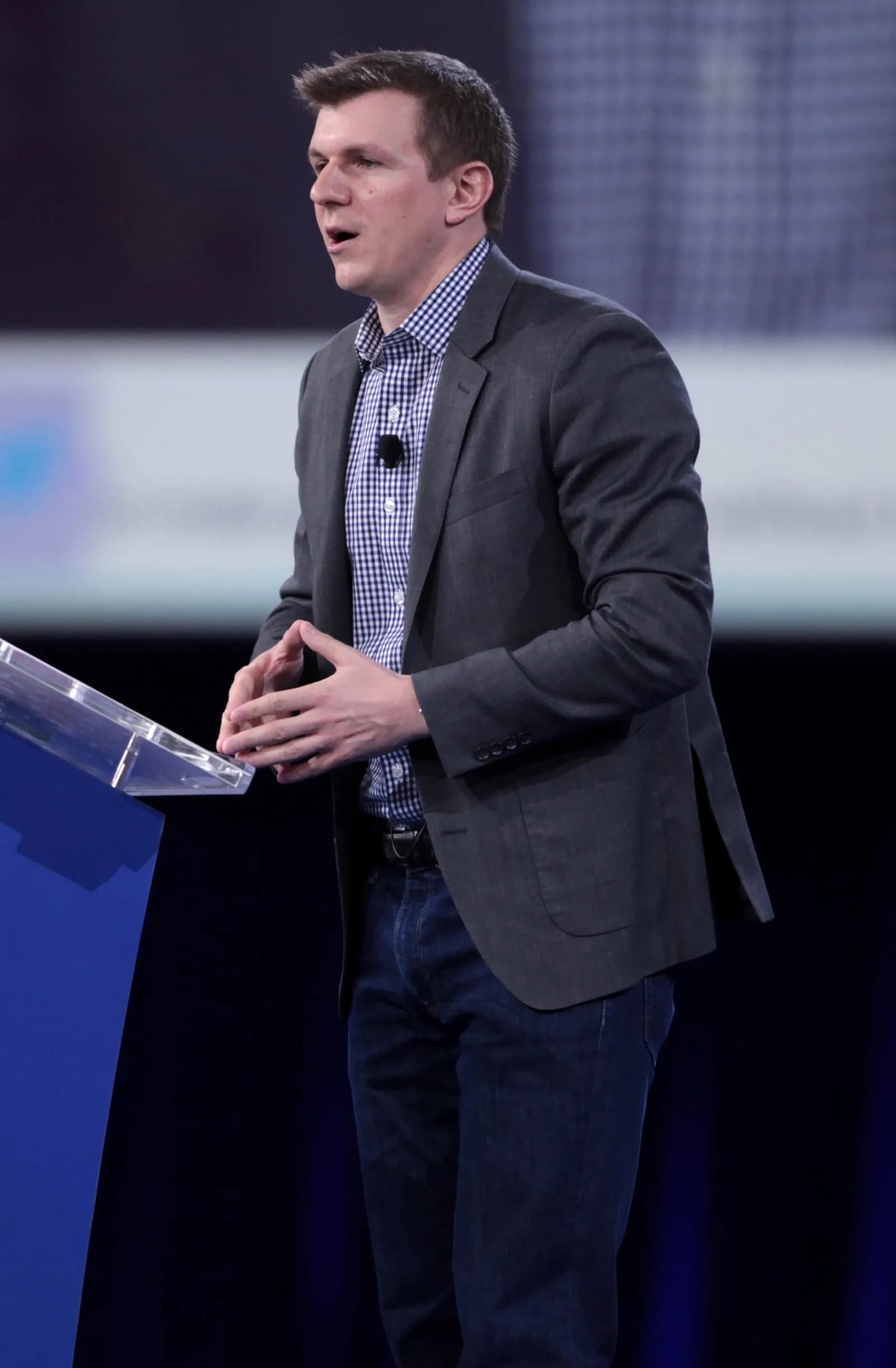James O’Keefe speaks at CPAC in National Harbor, Maryland.
