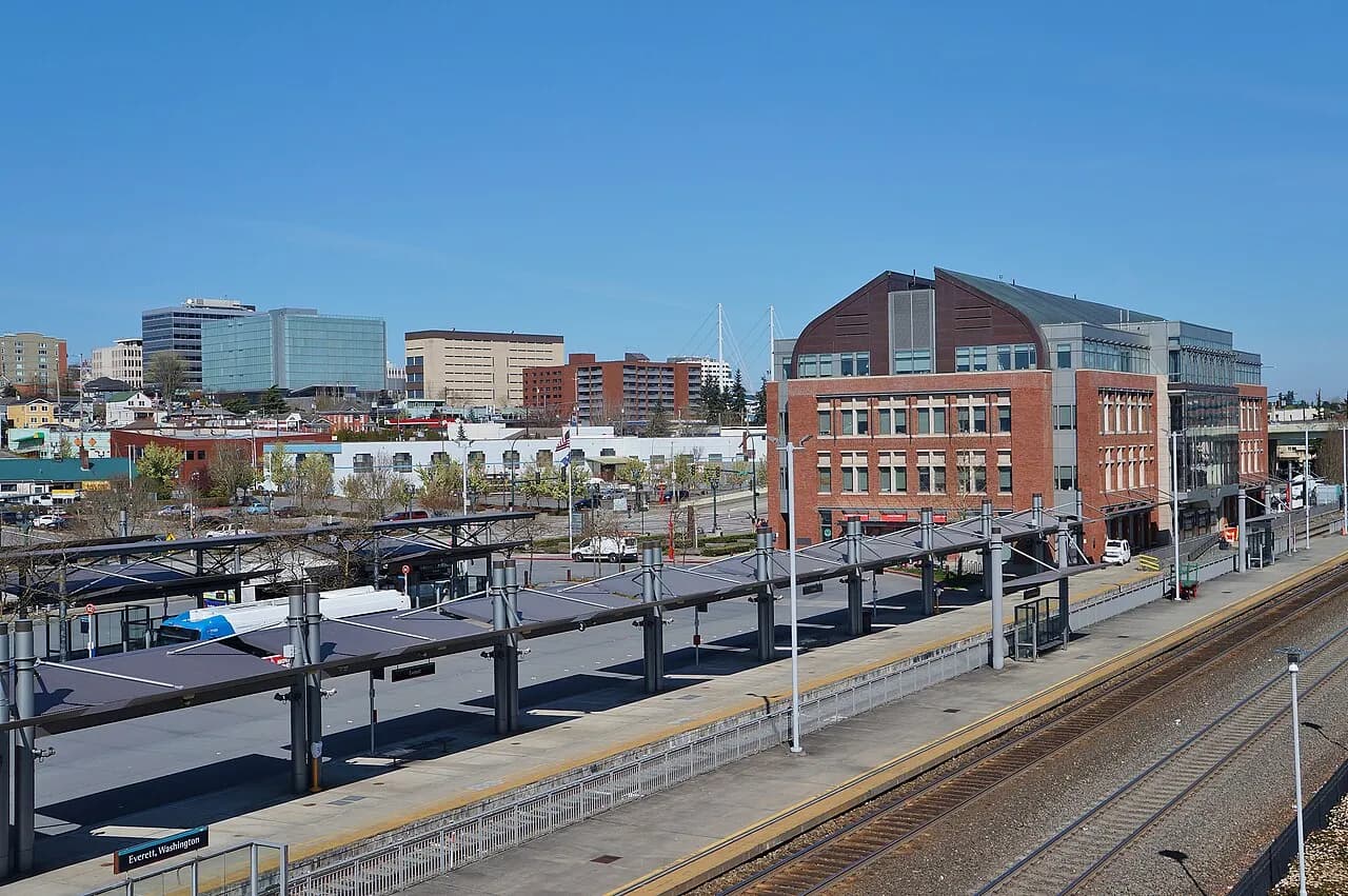 Everett Station building with the Everett, Washington, skyline behind it