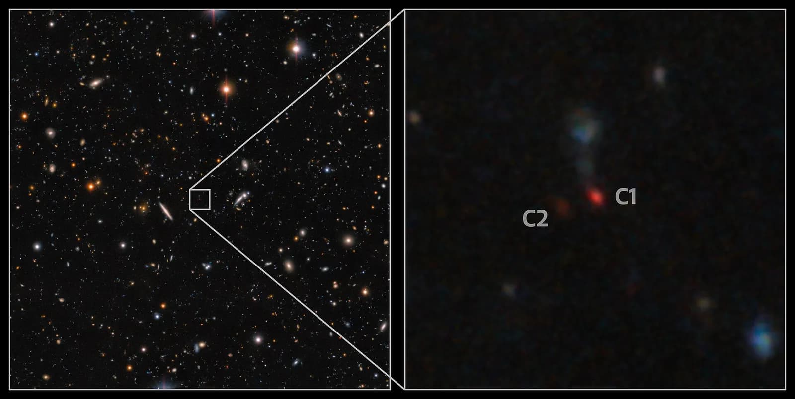 A Hyper Suprime-Cam image showing a pair of merging quasars as faint reddish patches against a dark field.