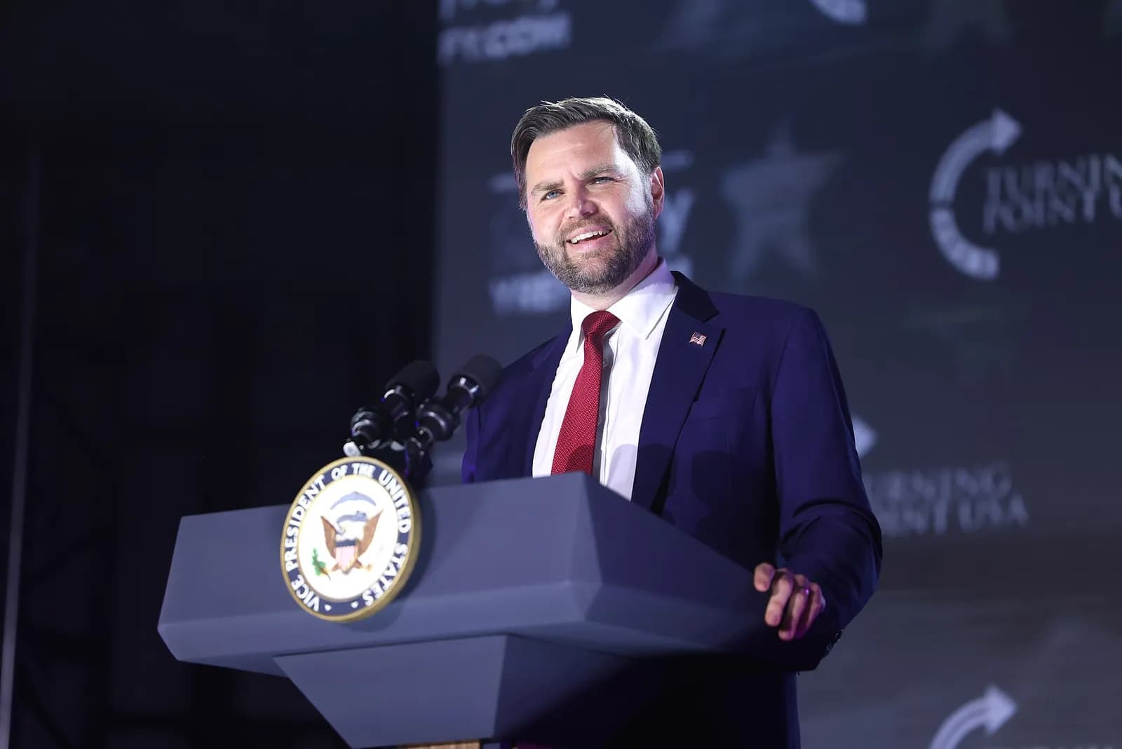 JD Vance speaks with attendees at the University of Mississippi tour stop of the This Is The Turning Point tour in Oxford, Mississippi.
