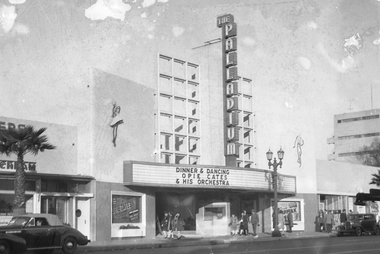 Exterior of the Hollywood Palladium in 1947, with an event listing on its marquee.