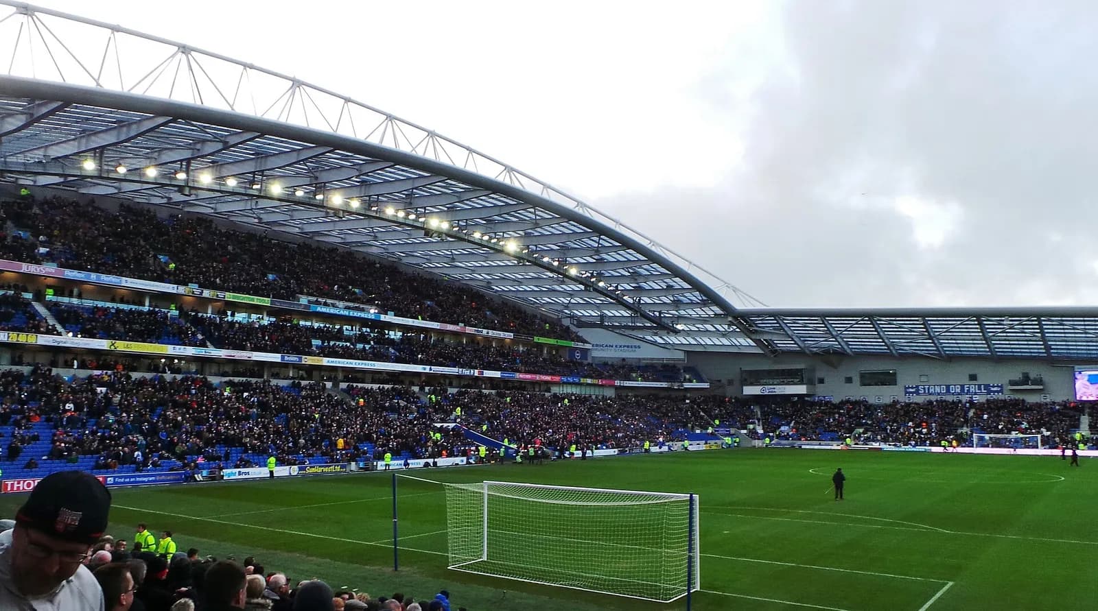 A view of the Amex Stadium in Brighton, with the club motto behind the goal.