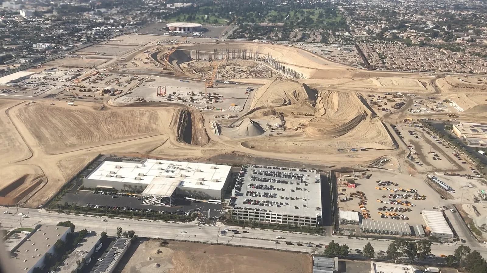 Aerial view of SoFi Stadium under construction in Inglewood, California.