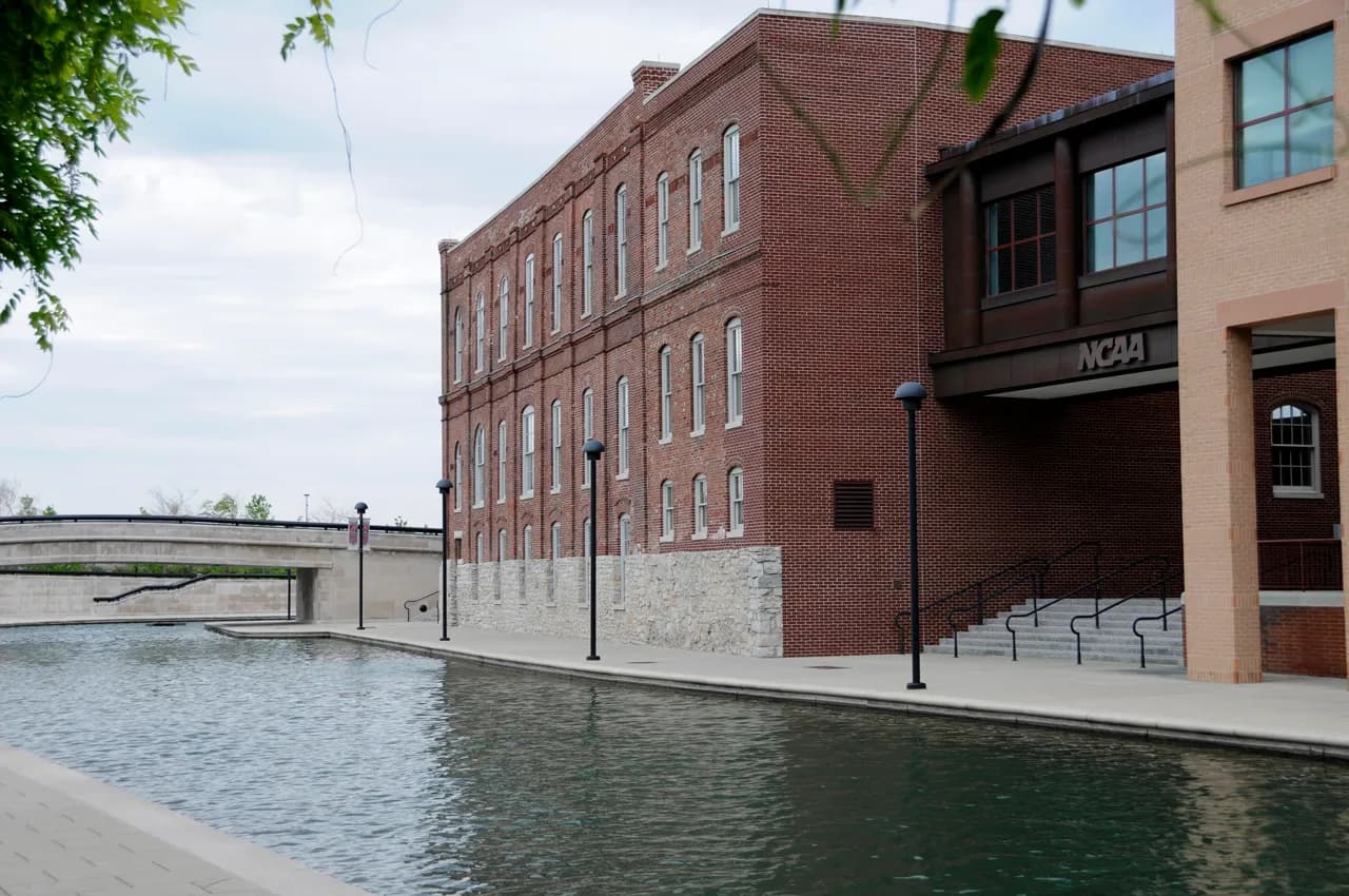 The NCAA headquarters beside the canal on Indianapolis’s Canal Walk.