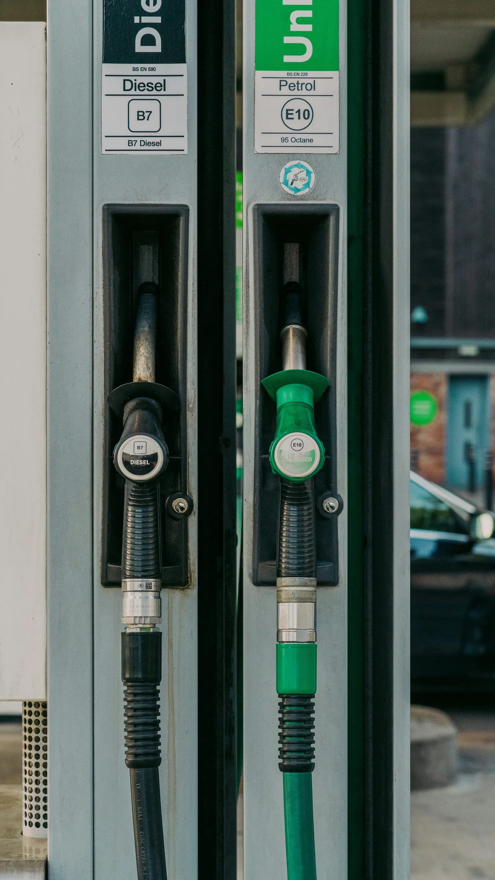 Diesel B7 and petrol E10 fuel pumps at a filling station in Liverpool