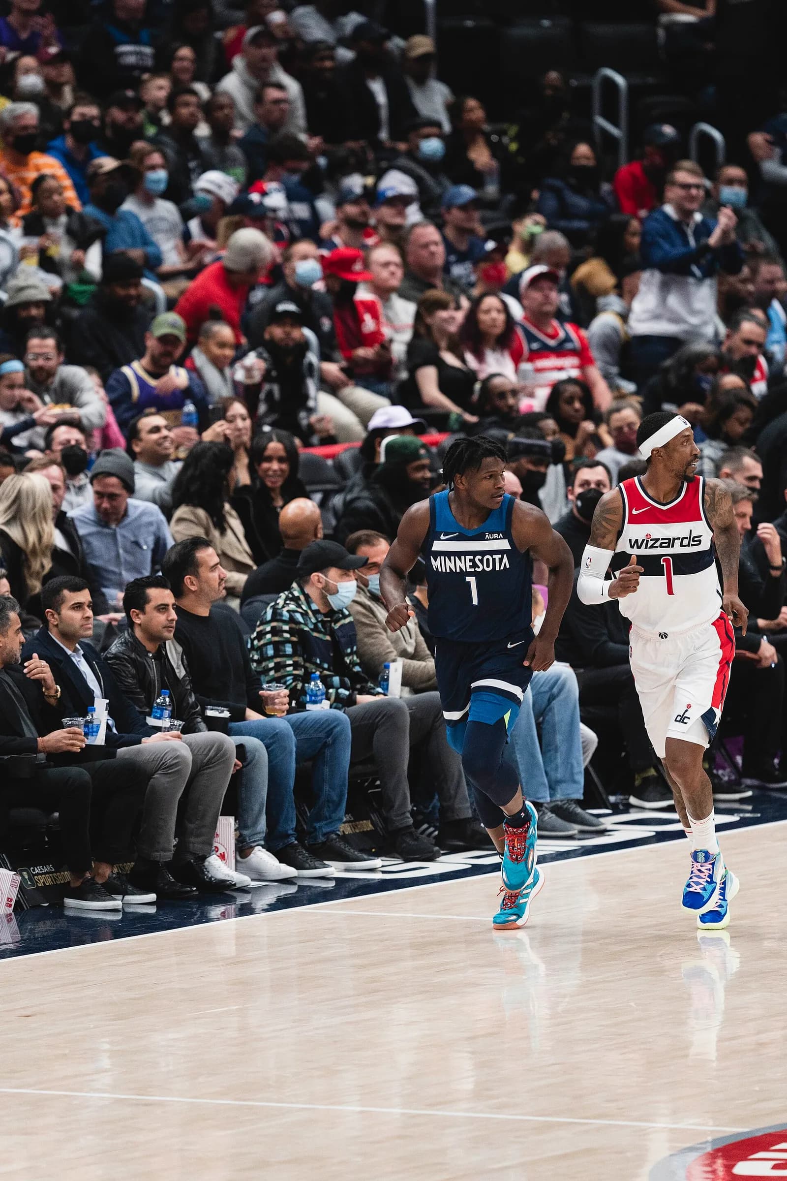 Anthony Edwards and Kentavious Caldwell-Pope during a Minnesota Timberwolves game against the Washington Wizards.