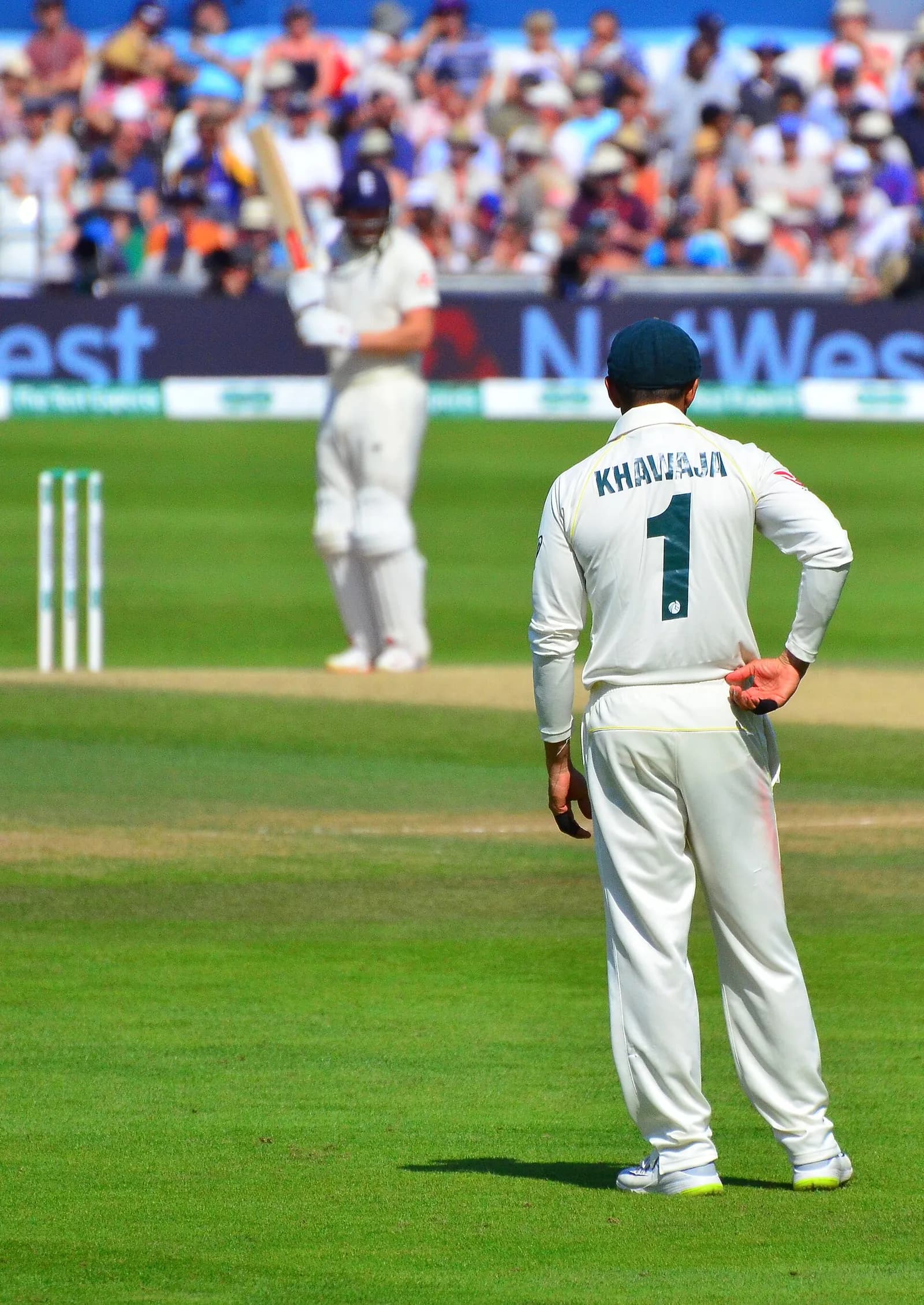 Usman Khawaja watches Jonny Bairstow at the crease during the 2019 Ashes.