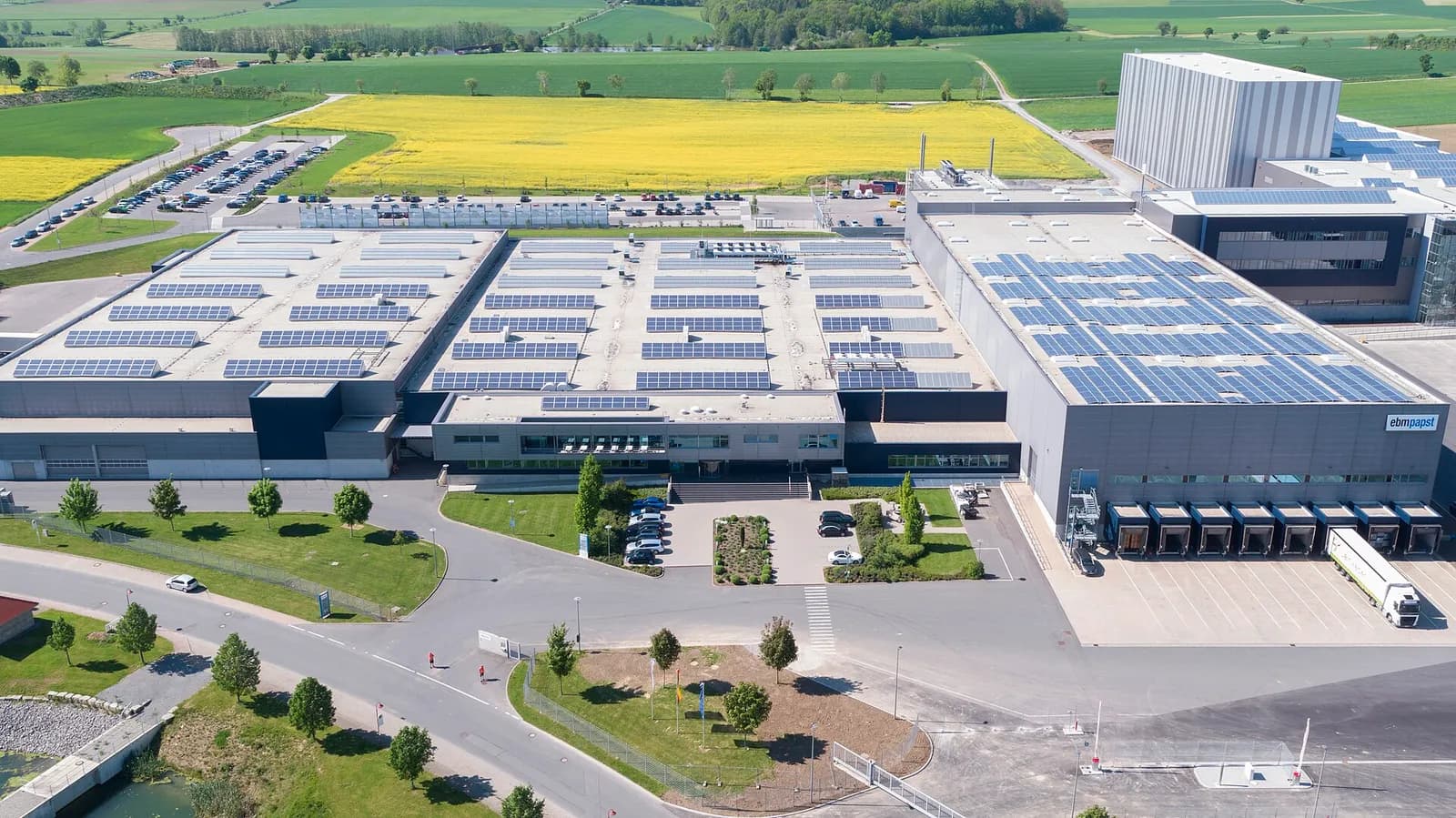 Aerial view of ebm-papst’s production site in Hollenbach, Germany.