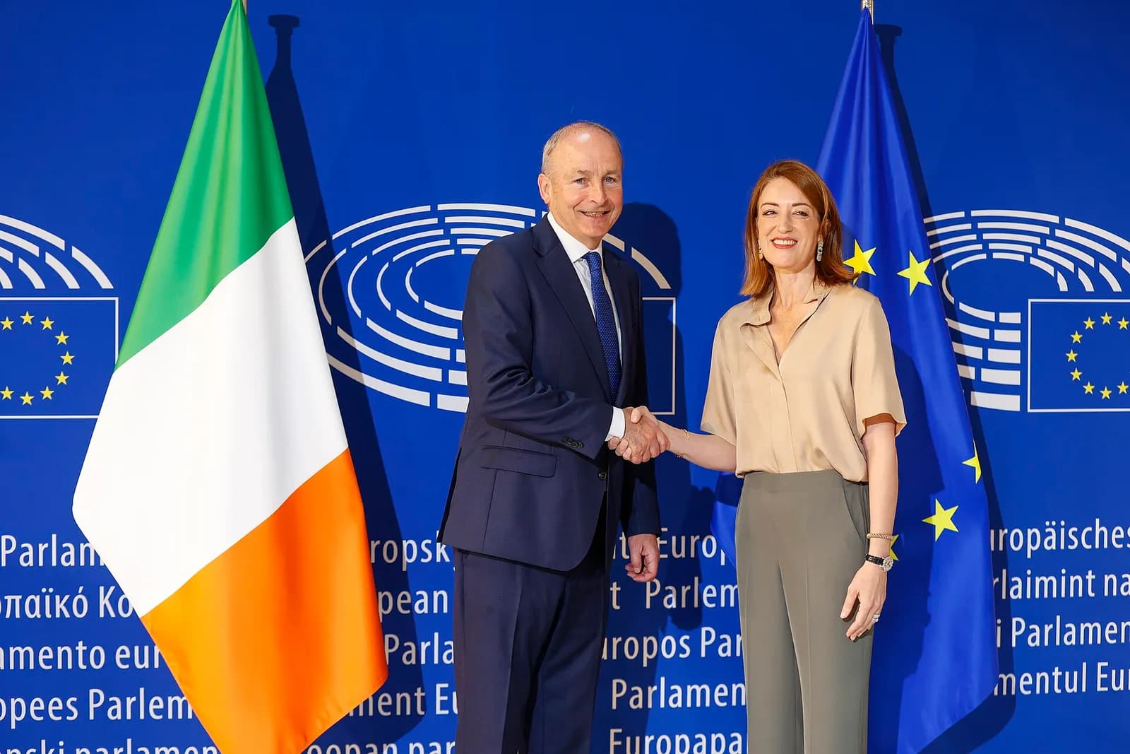Micheál Martin and Roberta Metsola meet during a European Parliament plenary session.