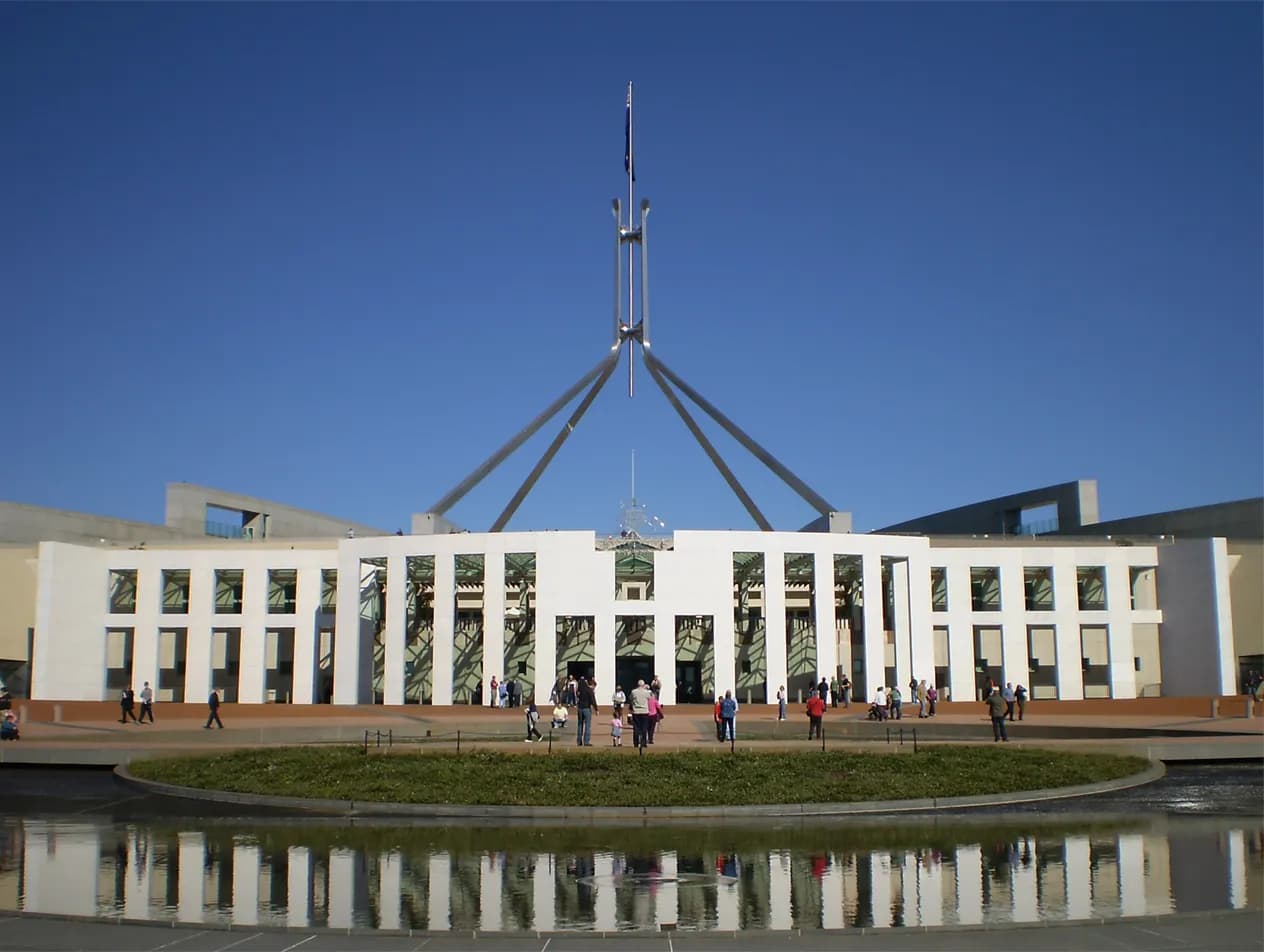 Main entrance and flag mast of Parliament House in Canberra