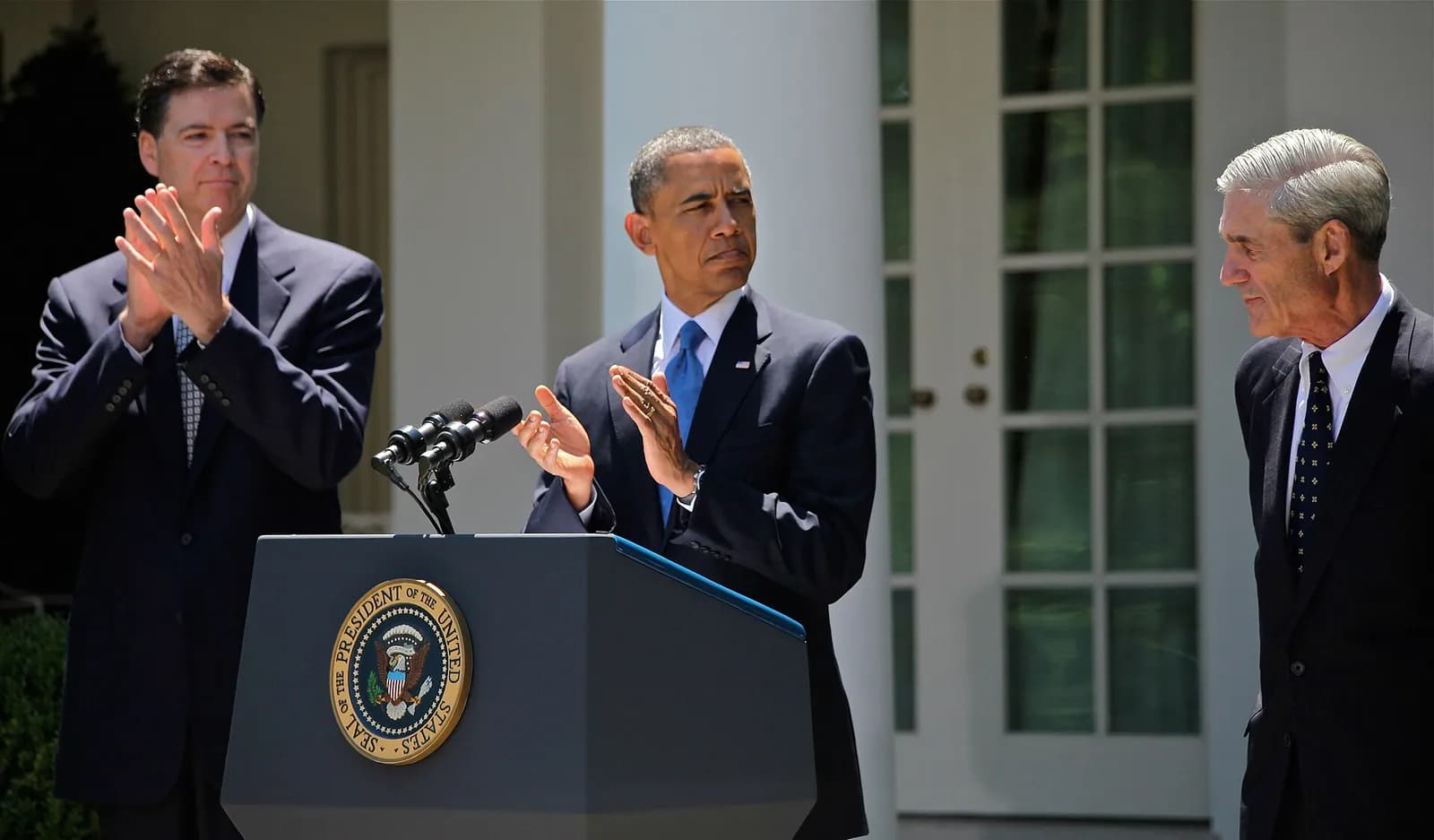 James Comey, Barack Obama and Robert Mueller at Comey's nomination to become FBI director.