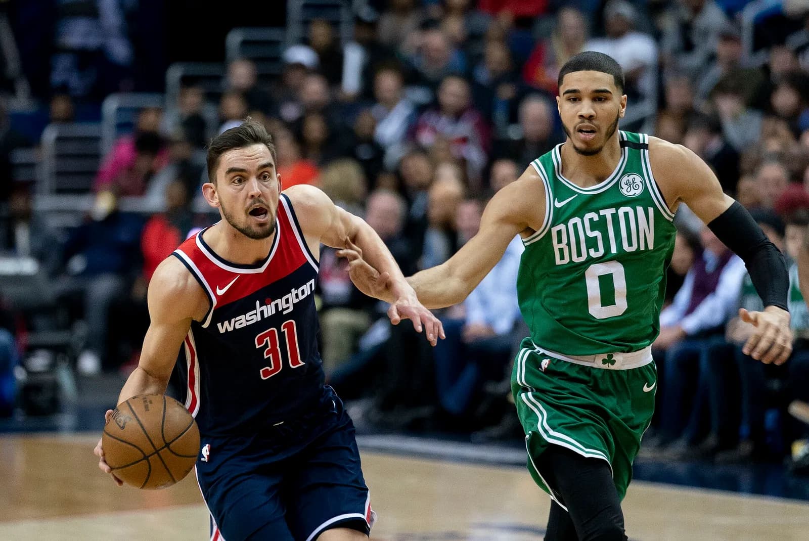 Jayson Tatum plays for the Boston Celtics against the Washington Wizards.
