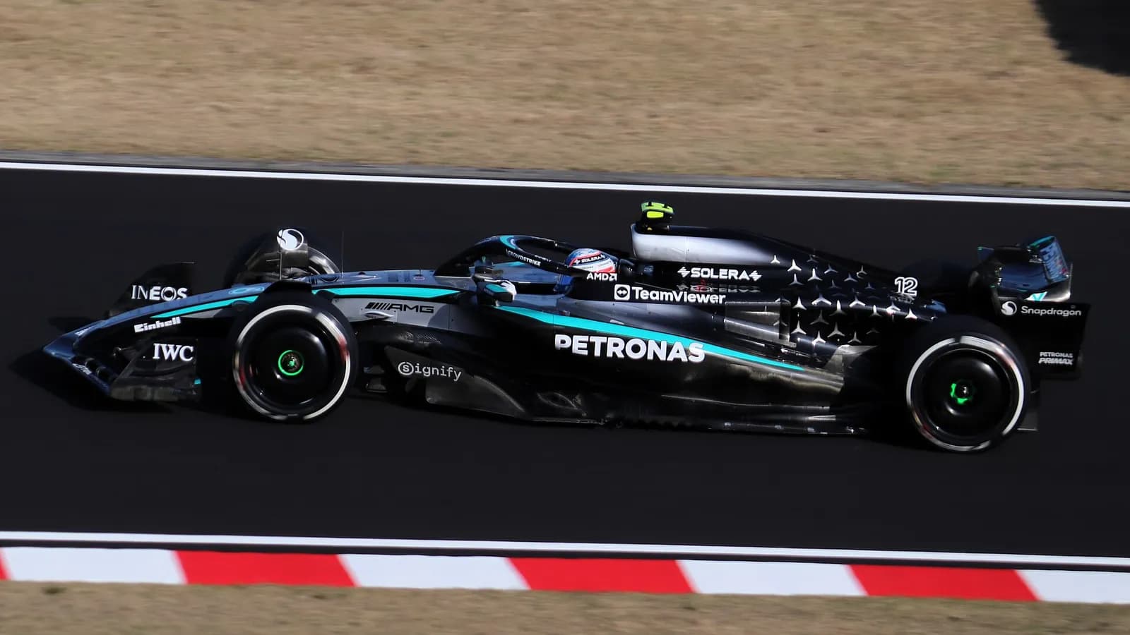 Kimi Antonelli driving a Mercedes Formula 1 car during second practice at the 2025 Japanese Grand Prix.