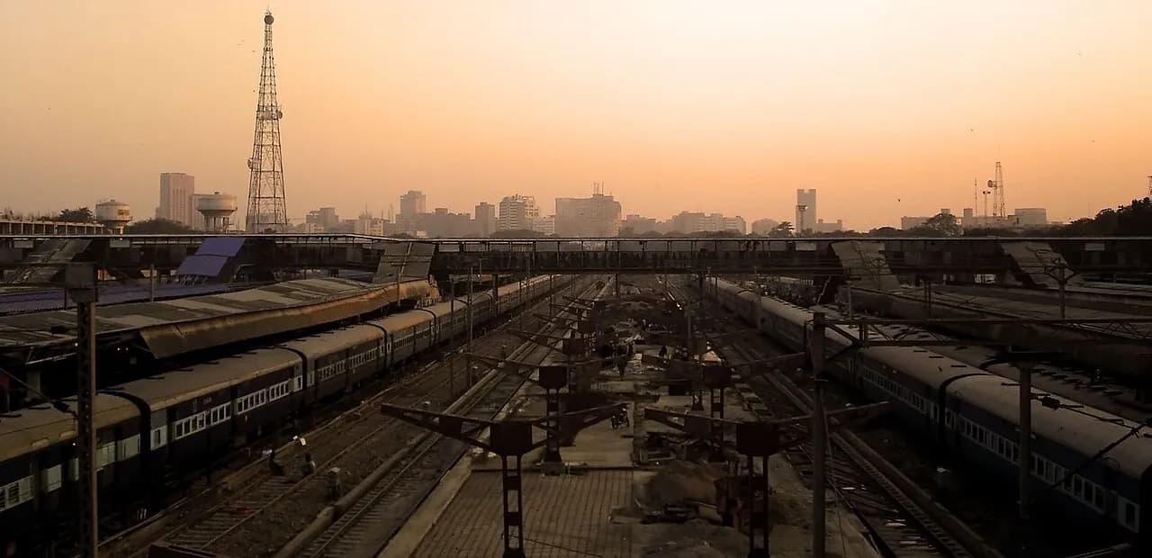 Skyline of New Delhi viewed from near New Delhi Railway Station at dusk