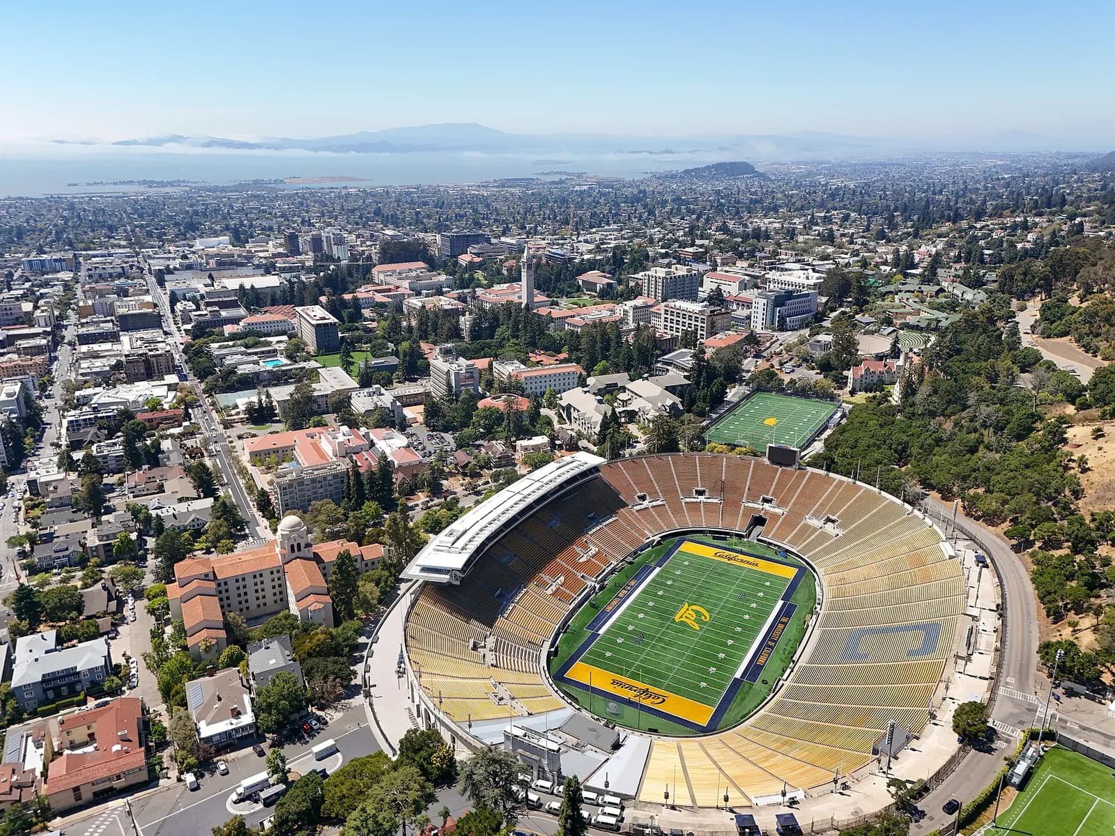 Aerial view of the University of California, Berkeley campus and California Memorial Stadium.