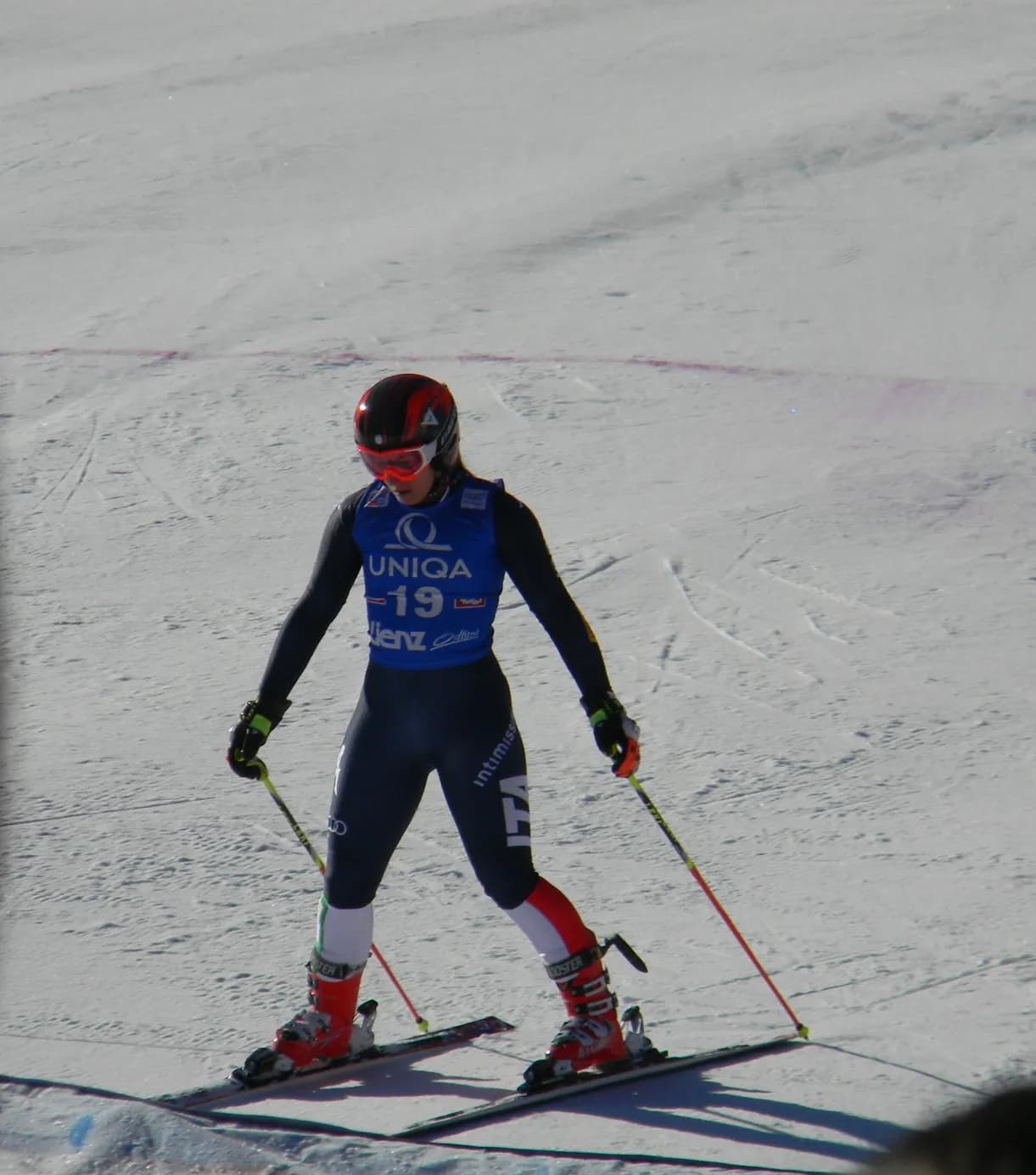 Sofia Goggia of Italy after crossing the finish line of the women's giant slalom at the Alpine Ski World Cup in Lienz.