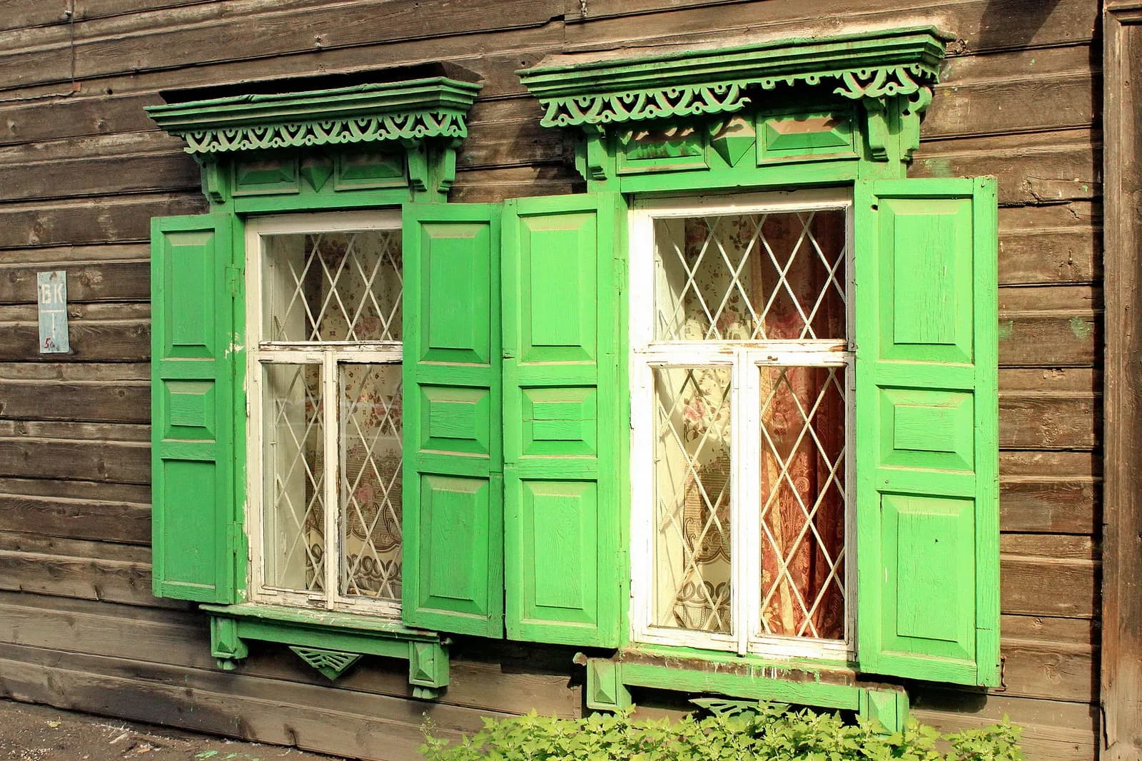 Windows on a wooden house in Irkutsk, Russia.