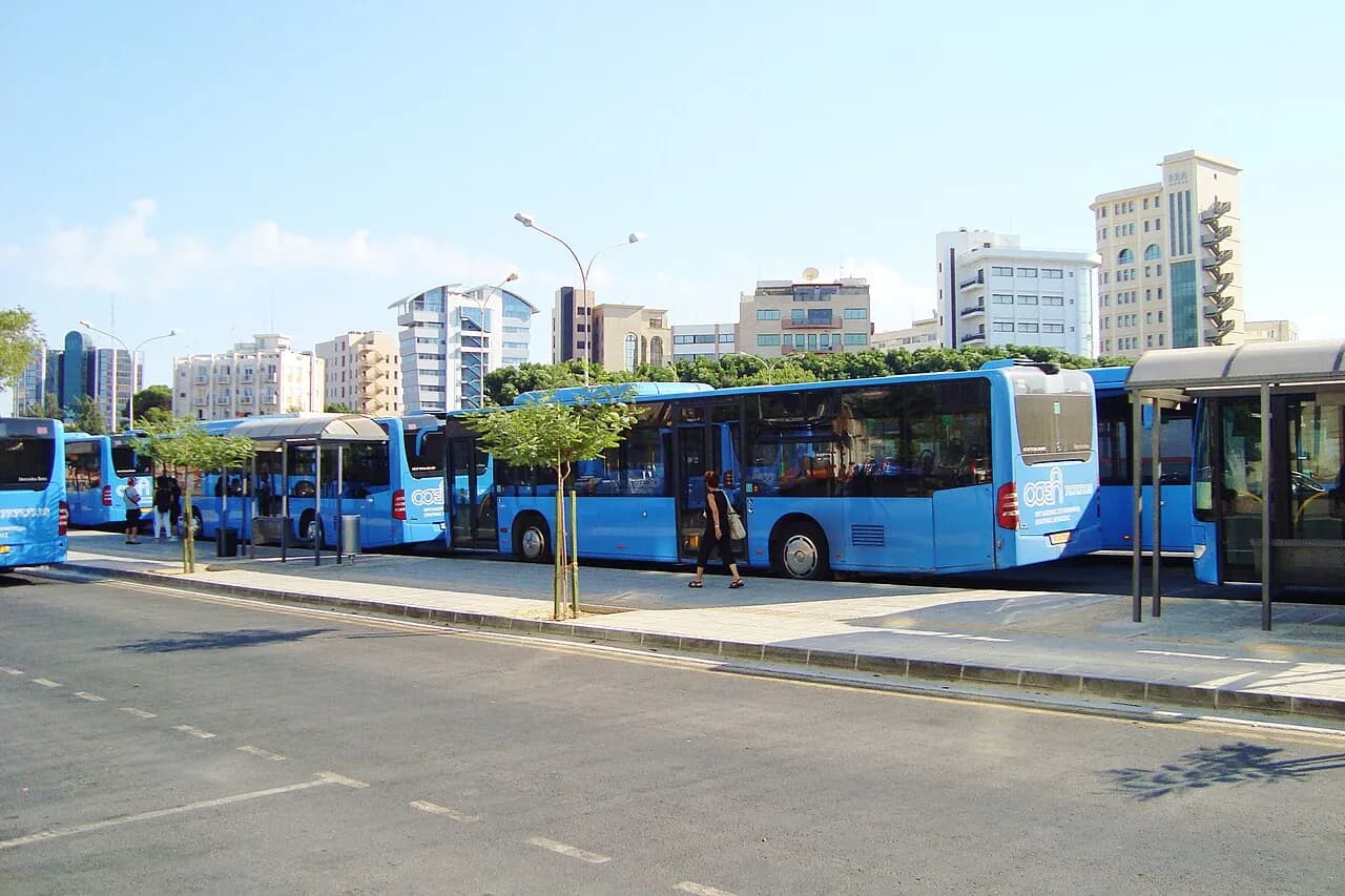 Blue public buses at Solomos Square bus station in Nicosia, Cyprus, in 2011