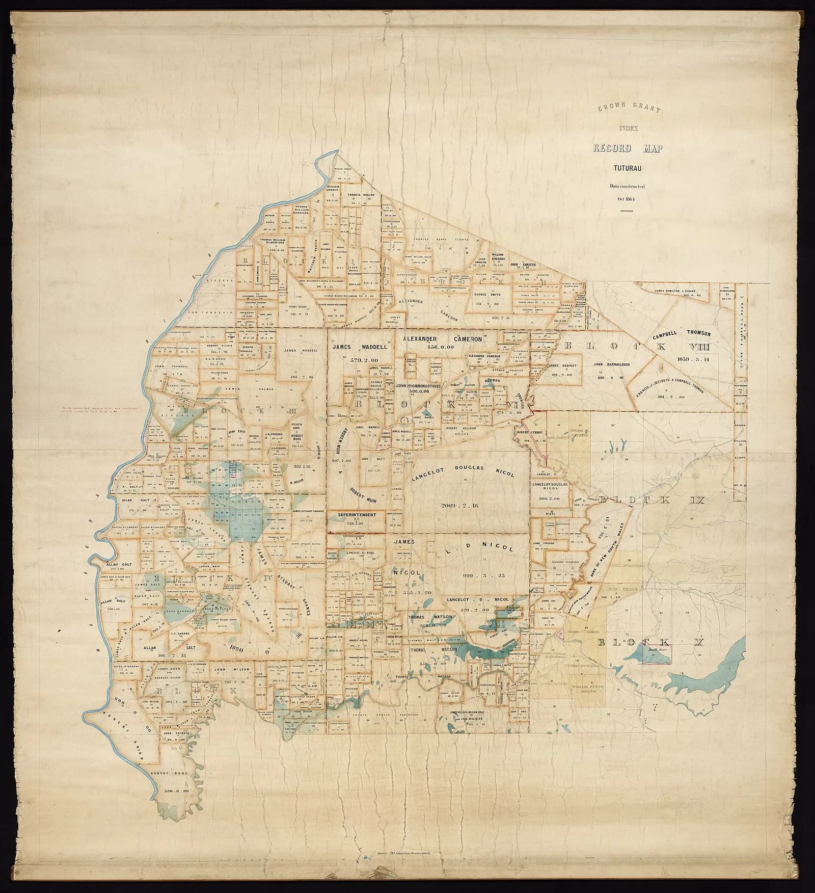 A historical Crown Grant map showing Tuturau Survey District blocks I to X.