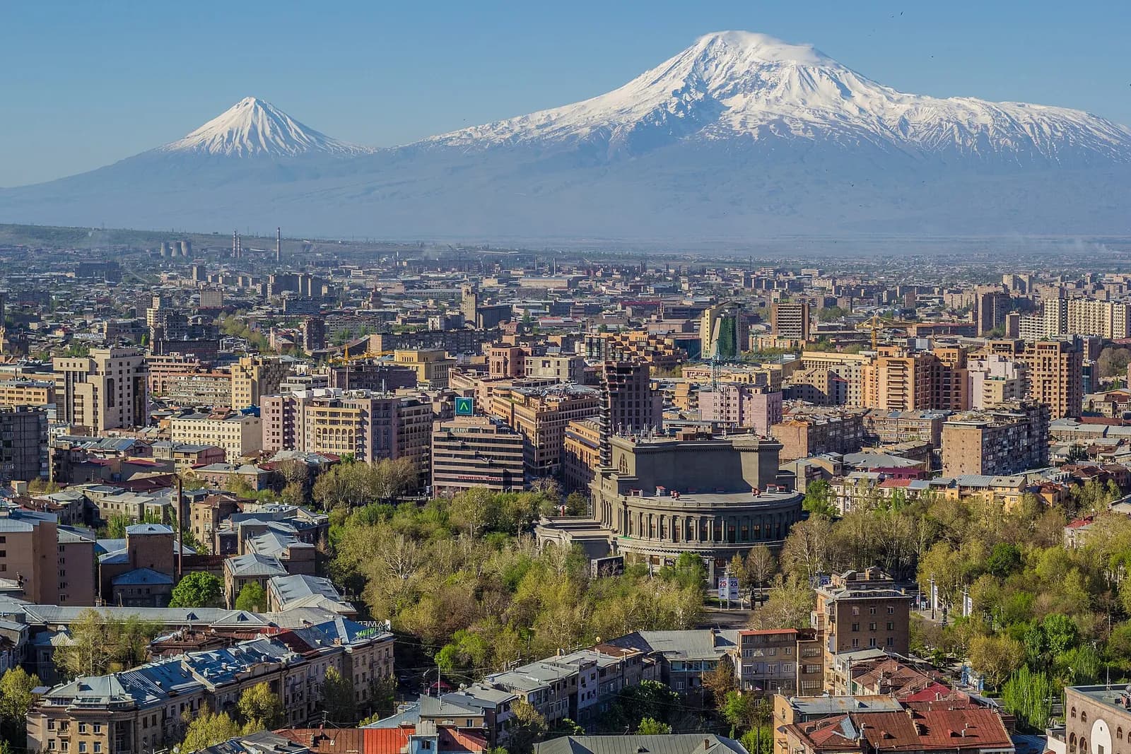 Mount Ararat on the horizon behind Yerevan, with the city’s Opera House near the centre.