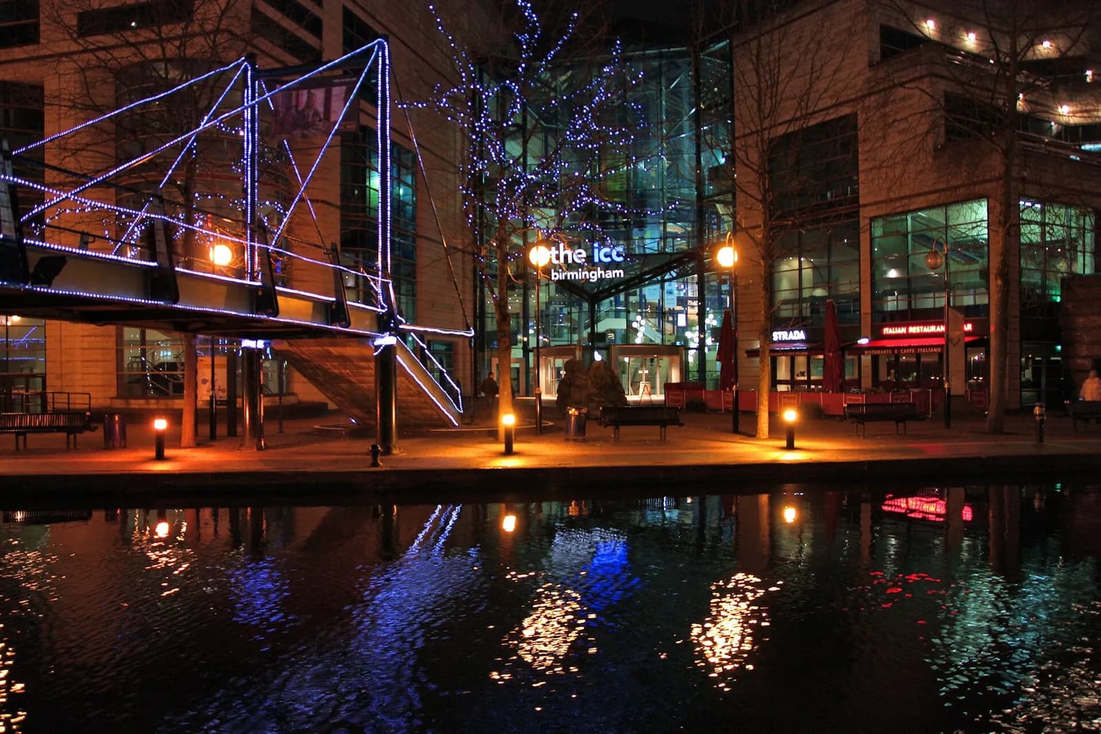 Evening view of the International Convention Centre in Birmingham.
