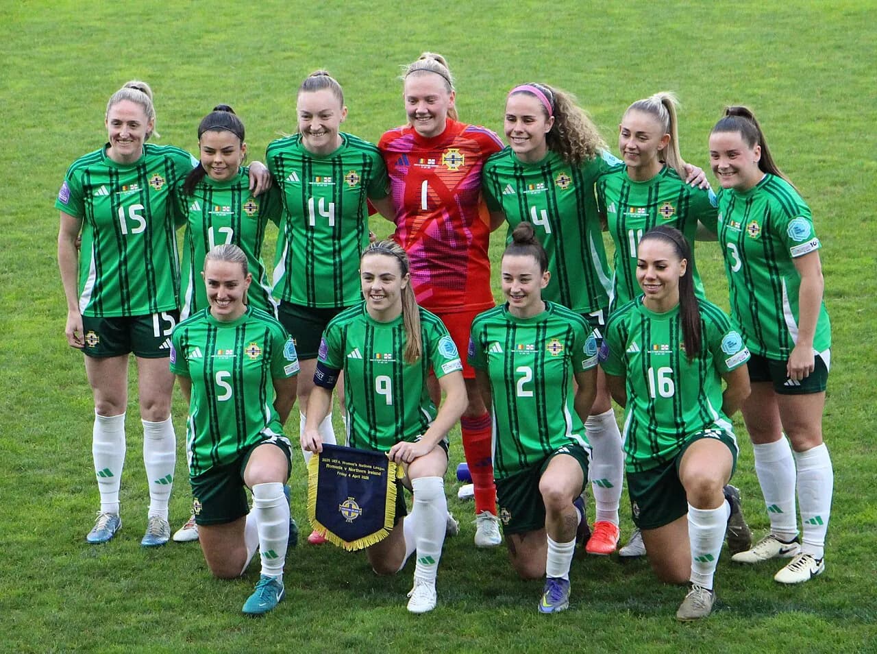 Northern Ireland women's national football team posing together before a match against Romania in April 2025