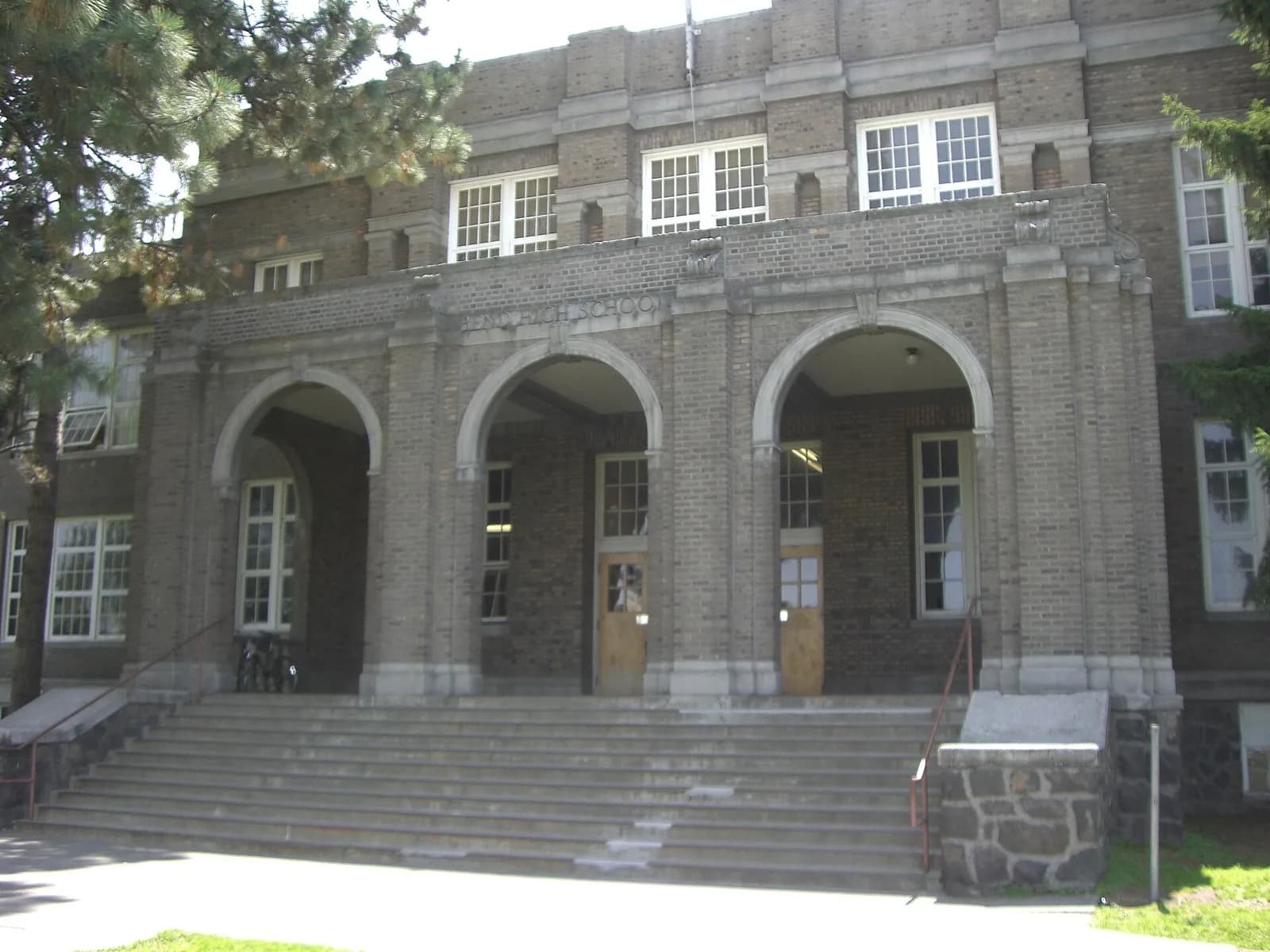 Main entrance to the former Bend High School, now used as Bend-La Pine School District administrative offices.