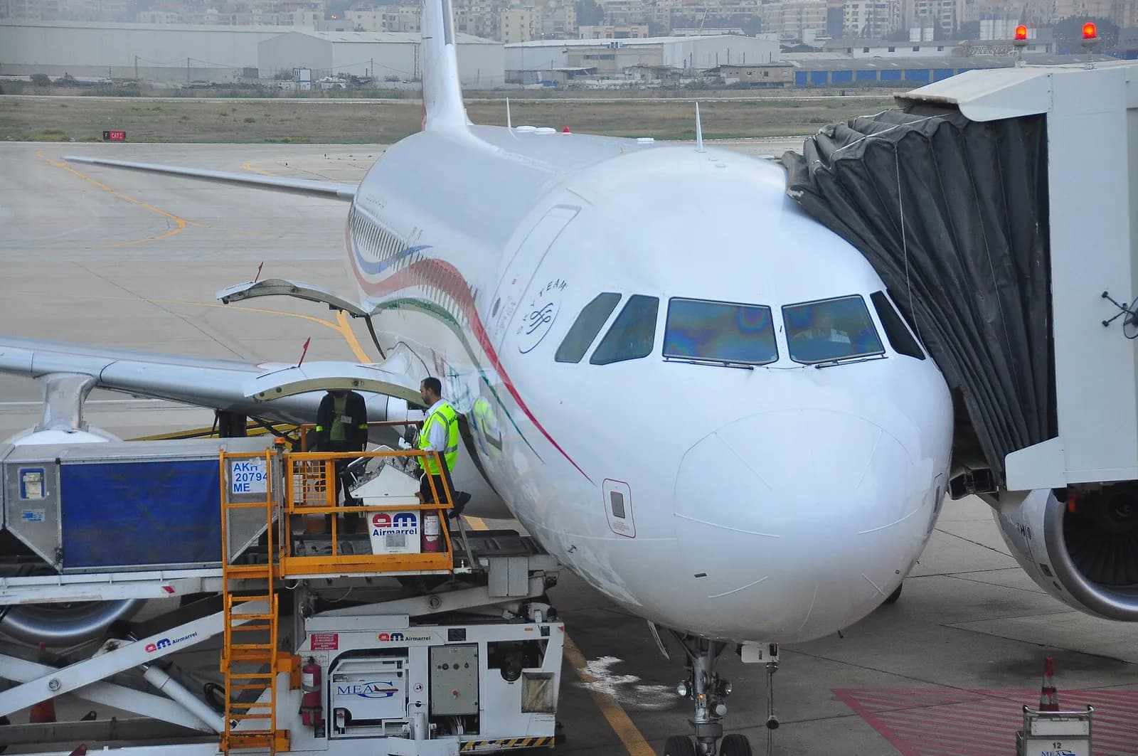 A Middle East Airlines Airbus A320 parked at Beirut Rafic Hariri International Airport.