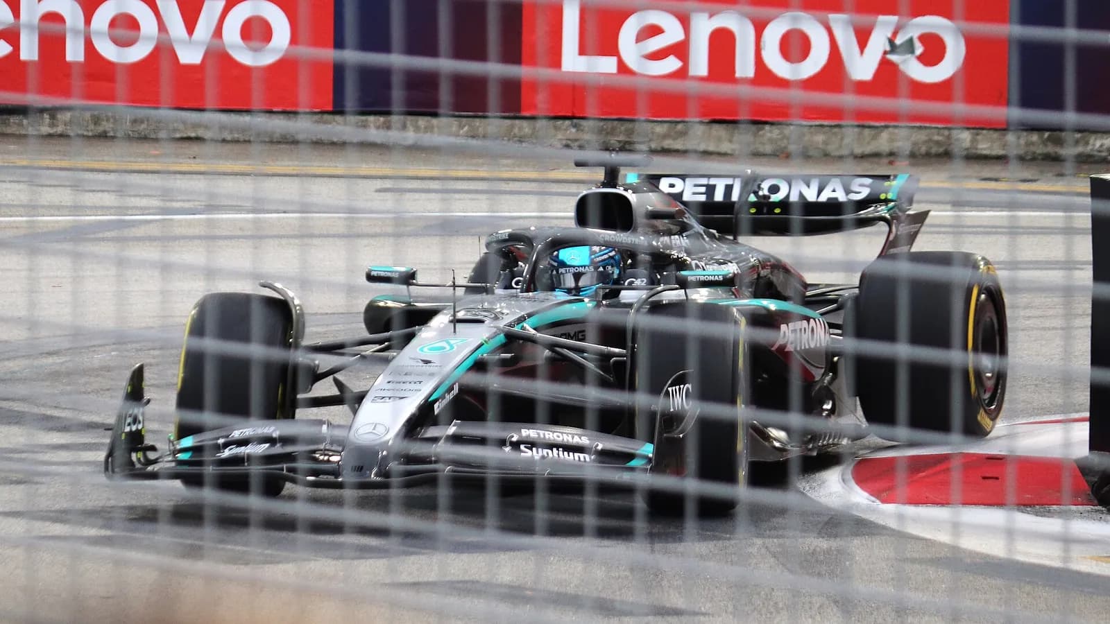 George Russell driving a Mercedes during first practice at the 2025 Singapore Grand Prix.
