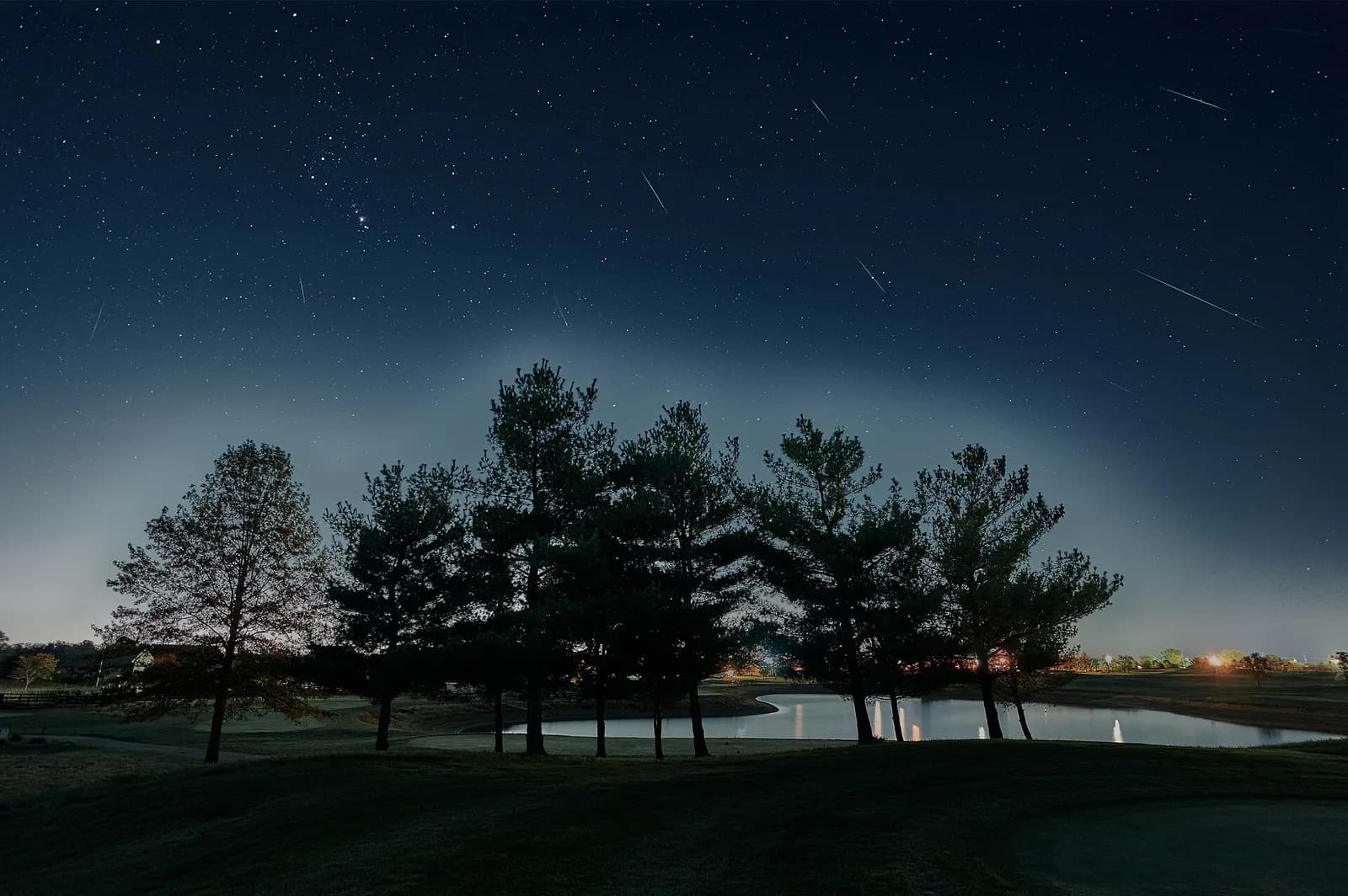 Composite image showing Orionid meteors streaking across a starry night sky above a dark landscape.