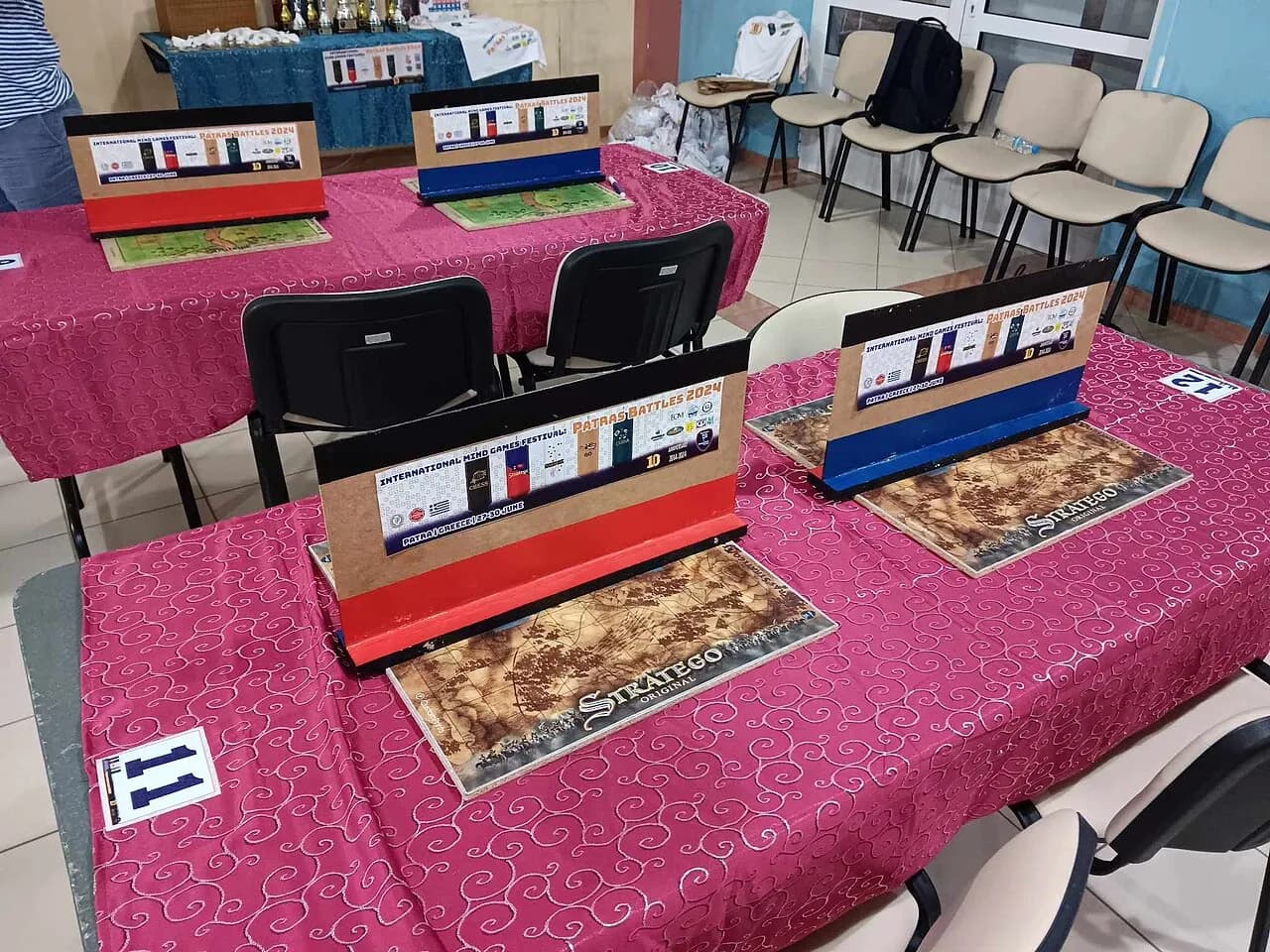 Stratego boards set out at a tournament in Patras, Greece, in 2024