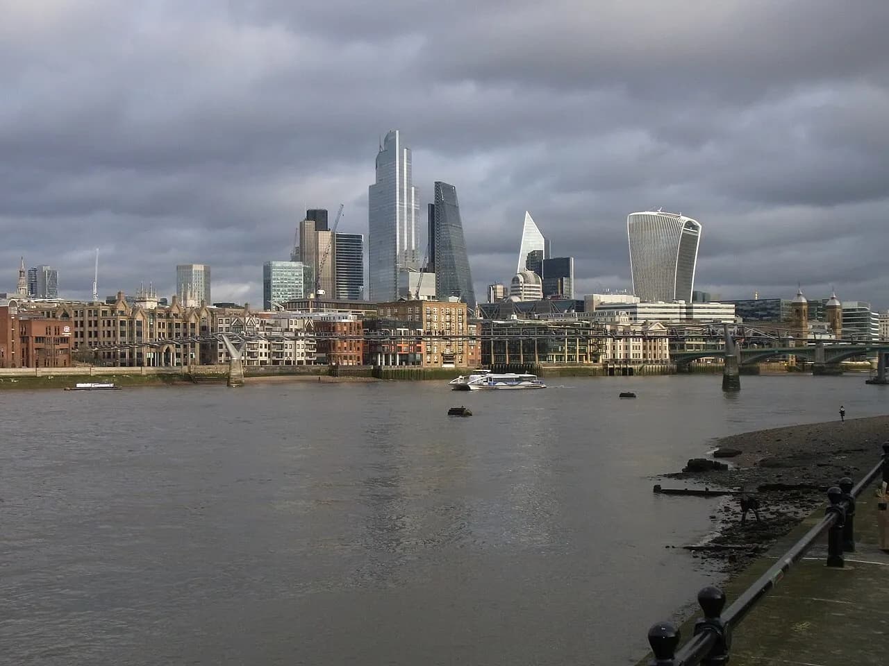 City of London skyline viewed from the South Bank, with Millennium Bridge in the foreground