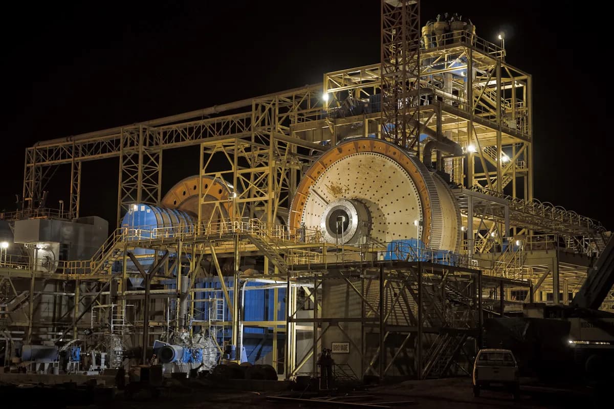 Gold processing facilities illuminated at night at the Essakane Mine in Burkina Faso