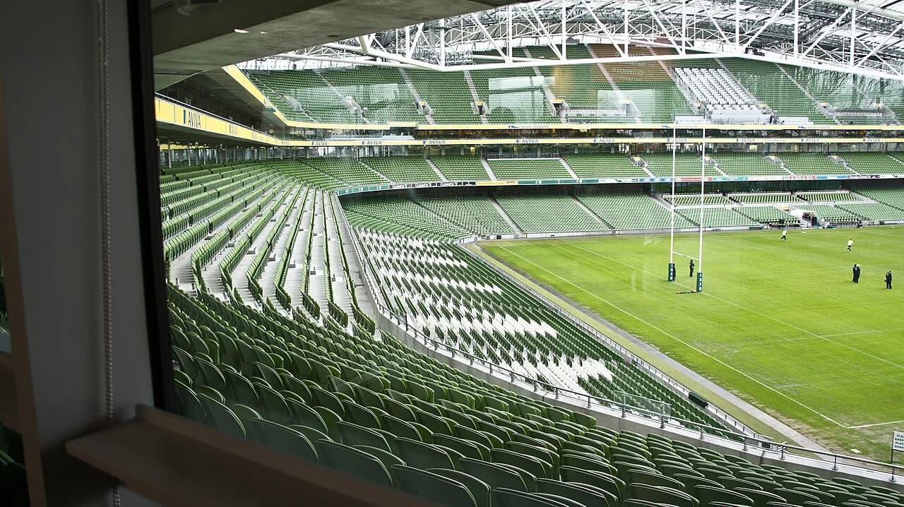 View inside Aviva Stadium in Dublin, with seating and the pitch visible