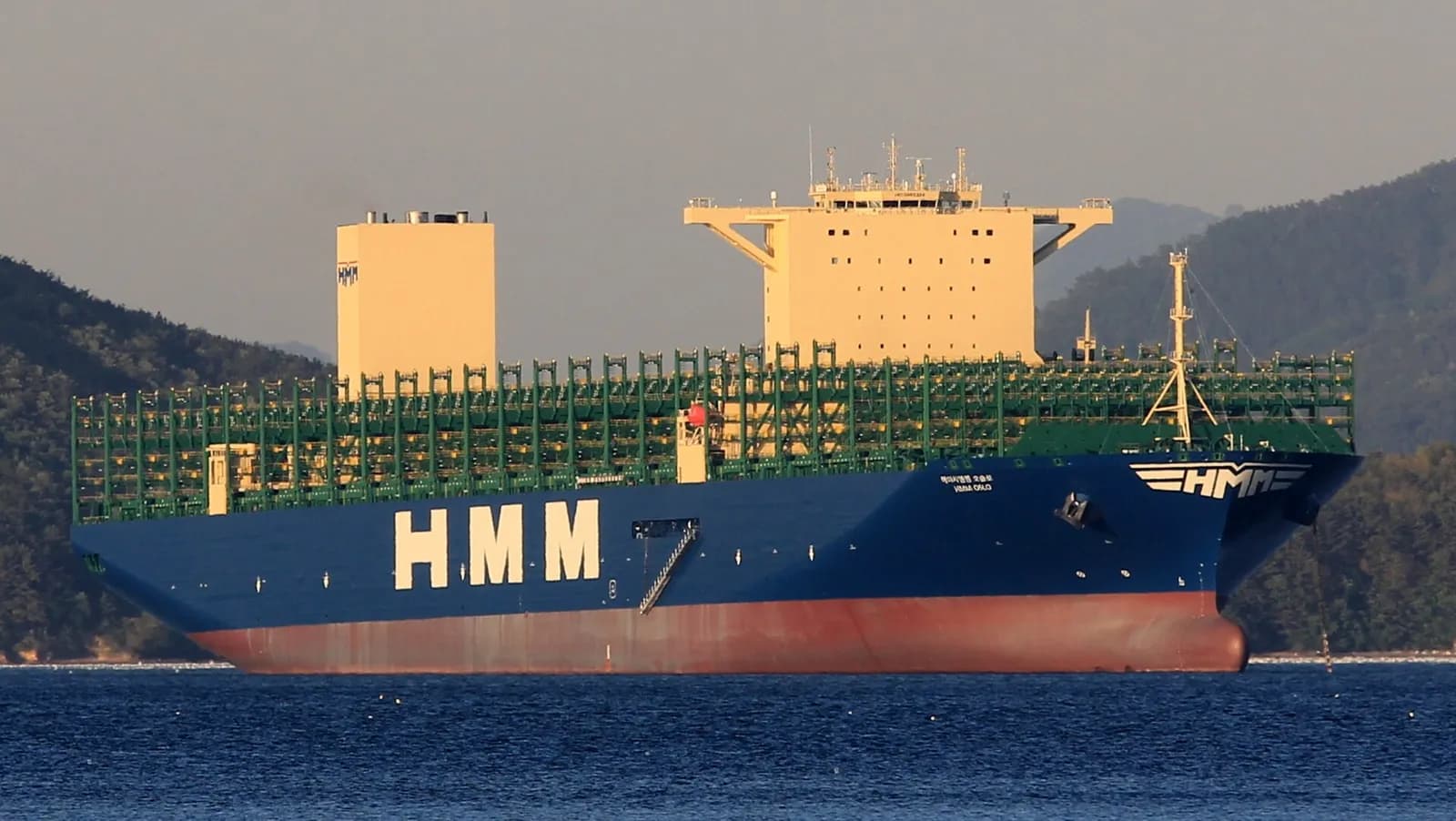 The containership HMM Oslo anchored off the Samsung shipyard on Geoje Island, South Korea.
