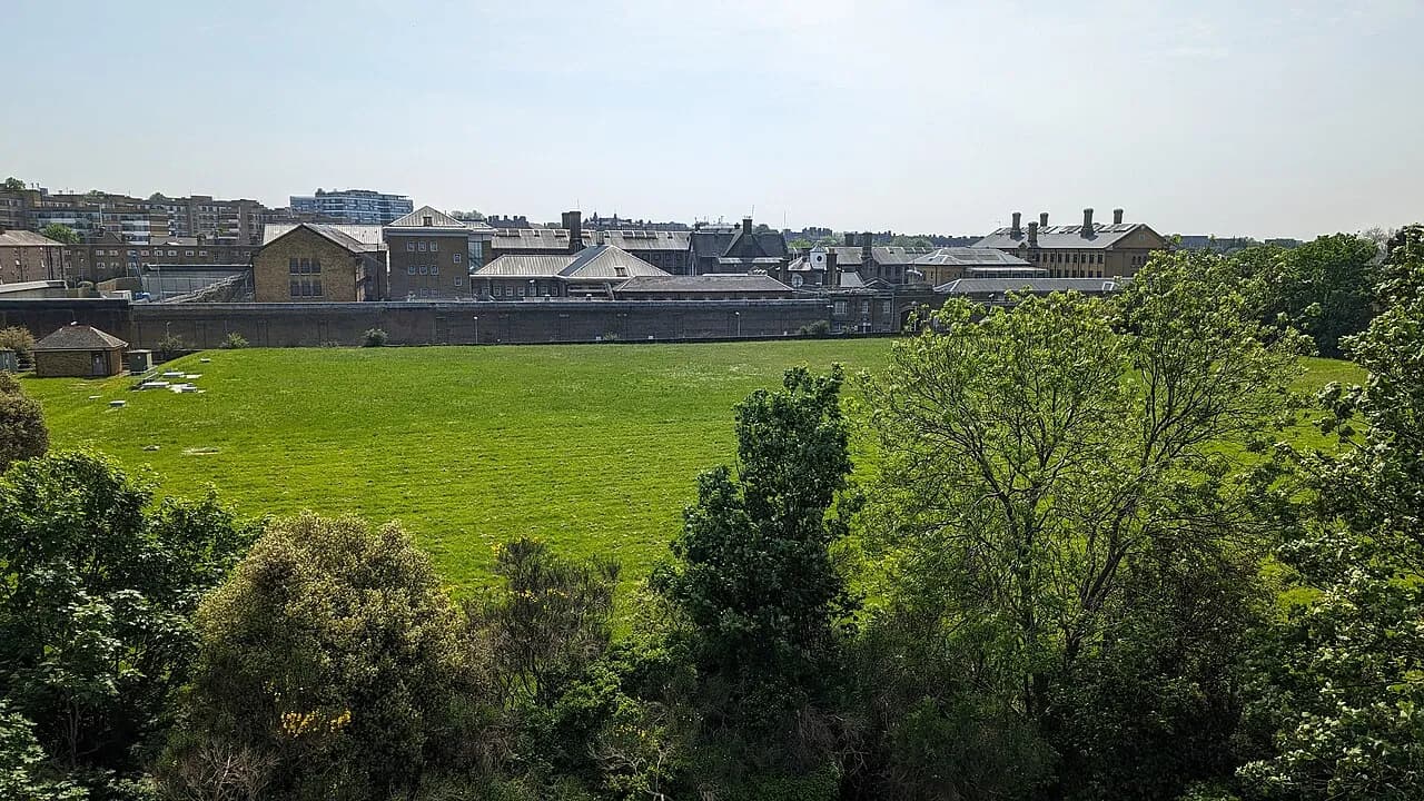 Distant view of Brixton Prison in south London from Brixton Windmill