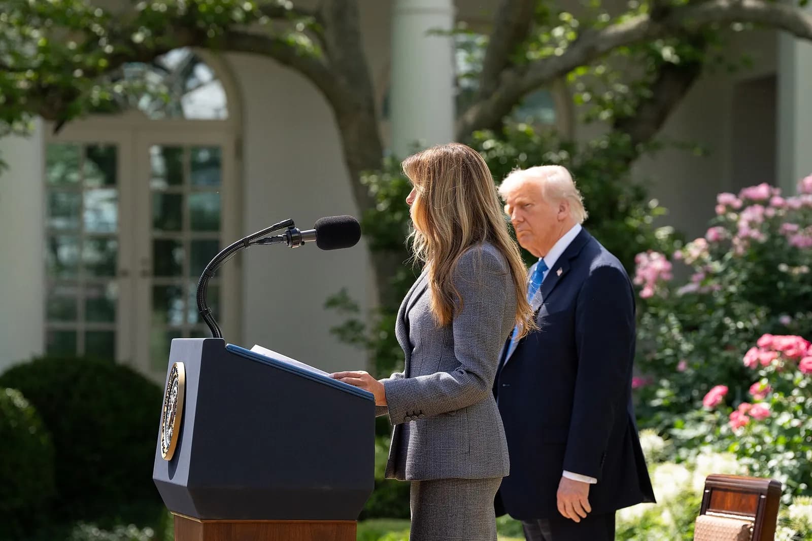 Donald Trump and Melania Trump at a bill-signing ceremony in the White House Rose Garden.