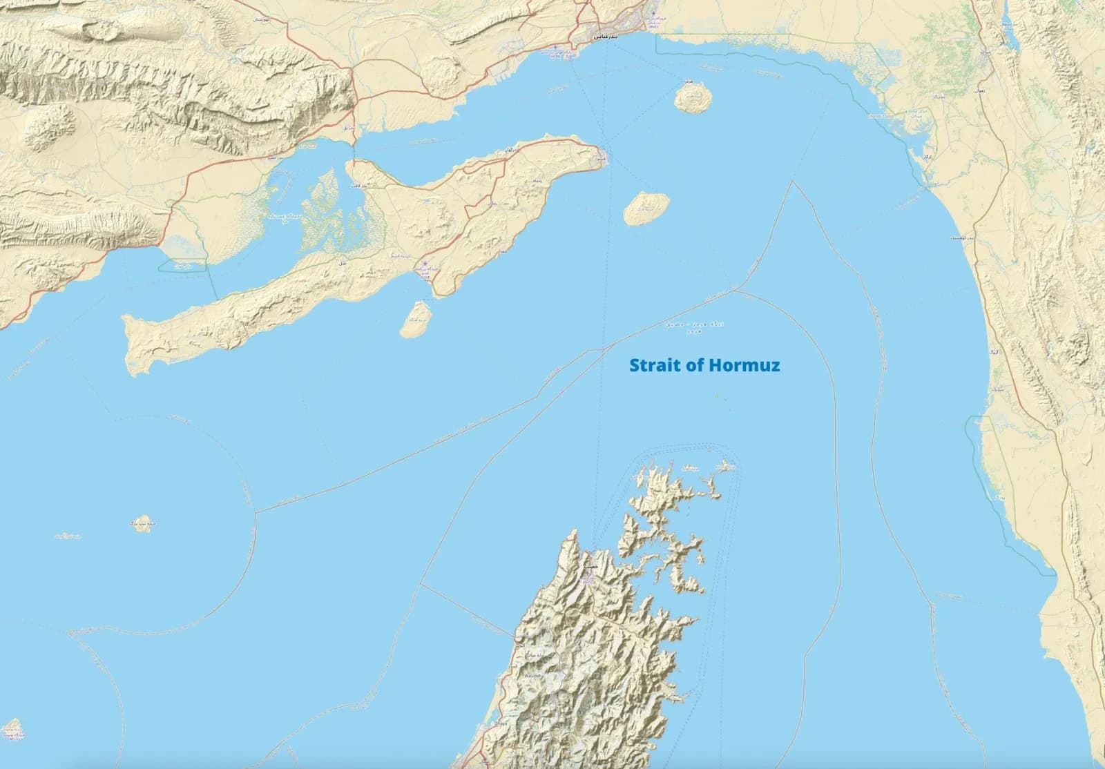 Topographic map of the Strait of Hormuz and surrounding coastlines