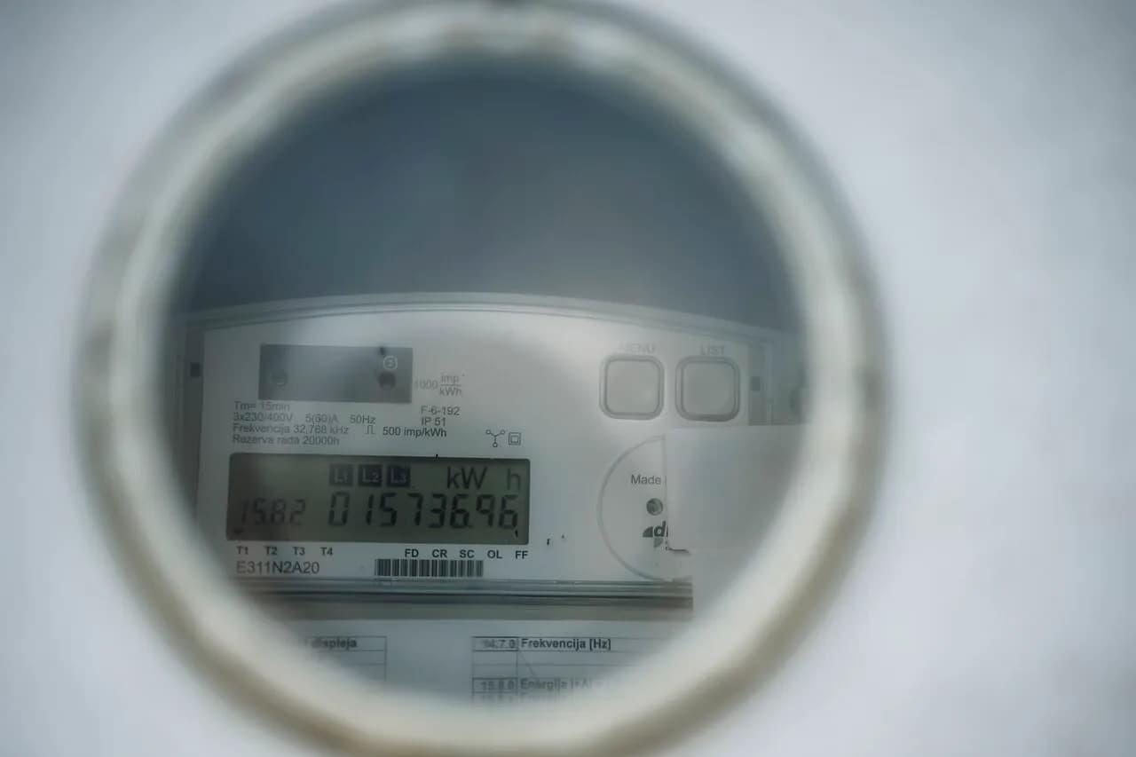 Close-up of a residential electricity meter showing a usage reading