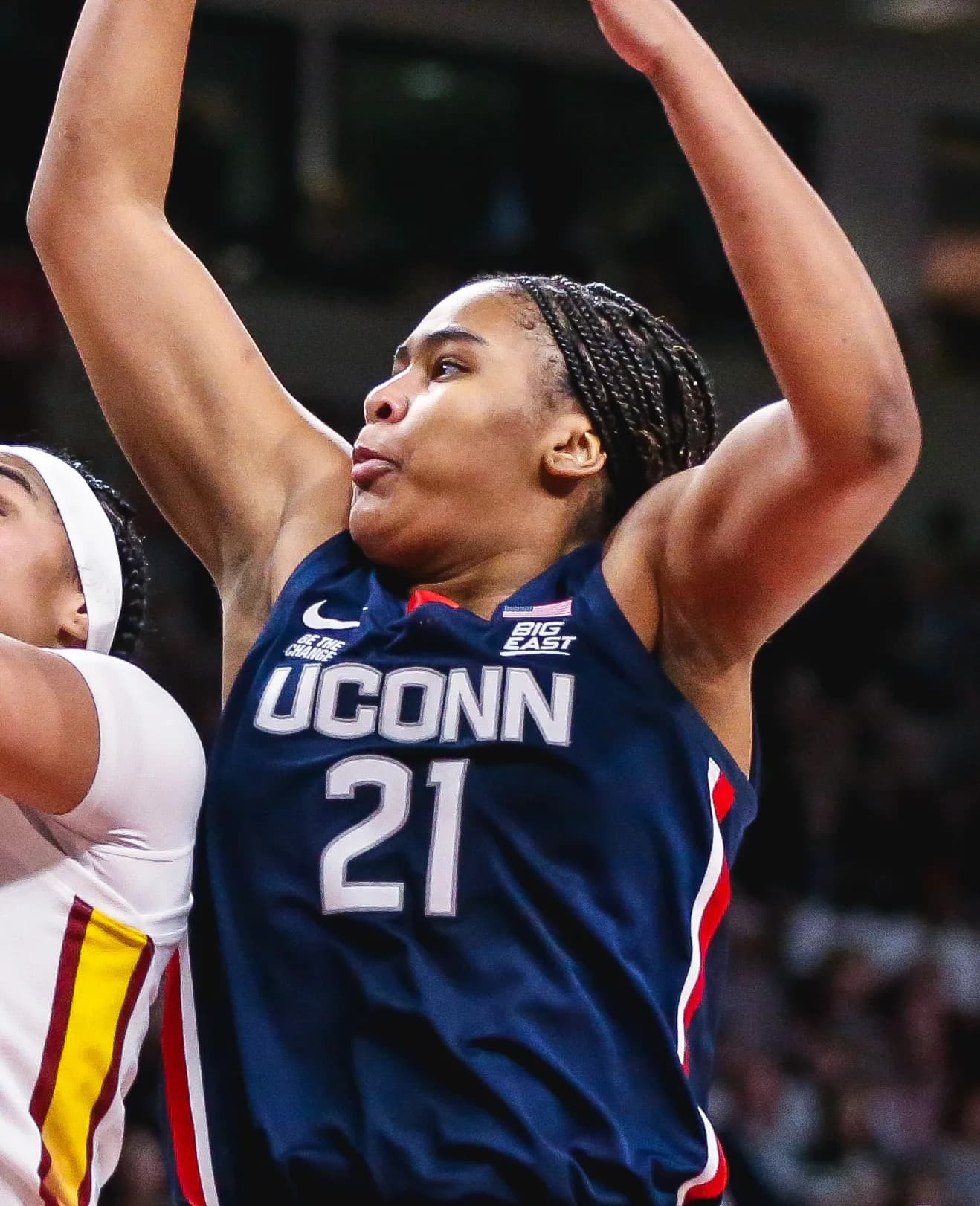 Sarah Strong playing basketball in a game for UConn.
