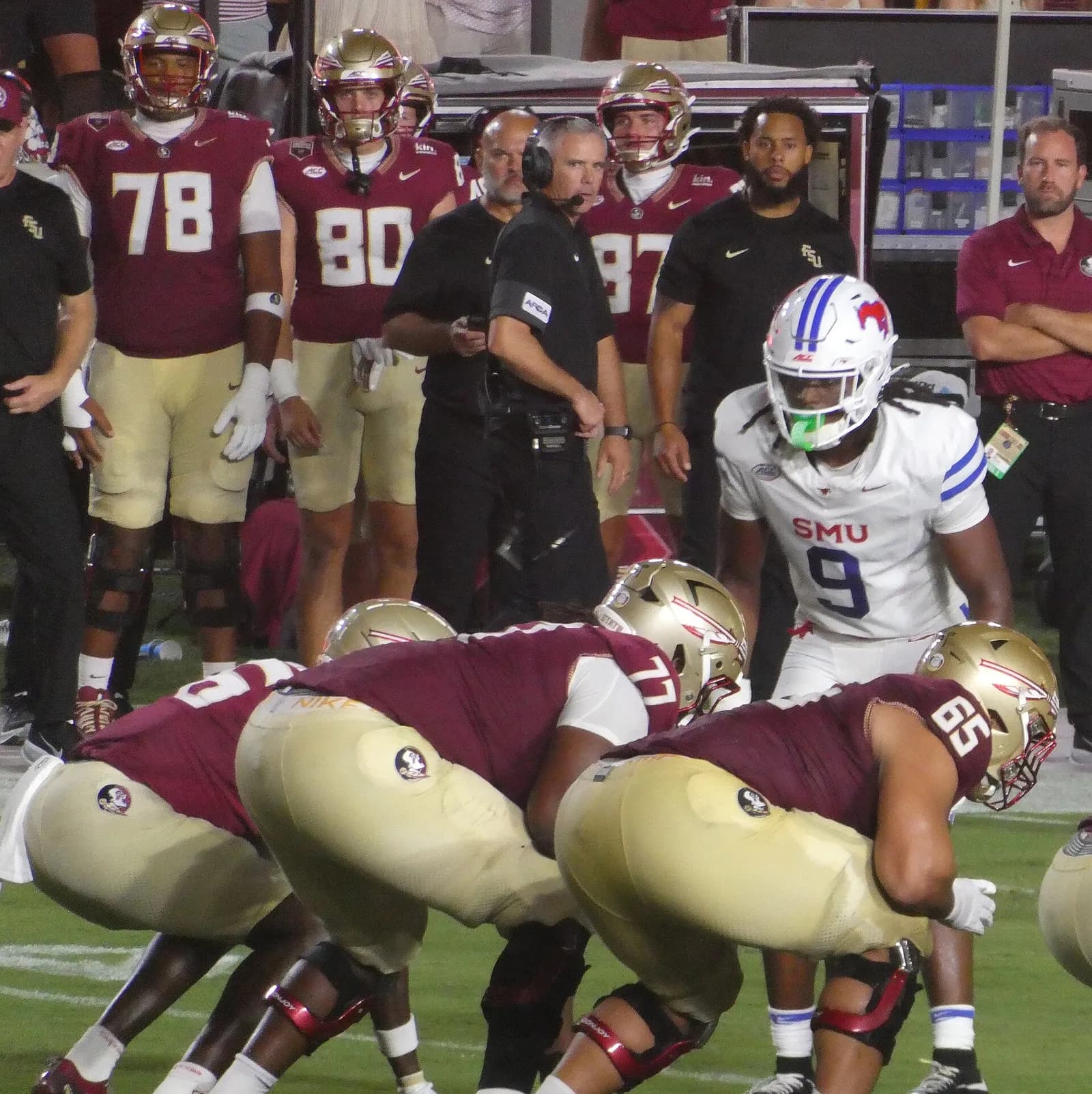 Florida State head coach Mike Norvell looks toward the field during a game against SMU.