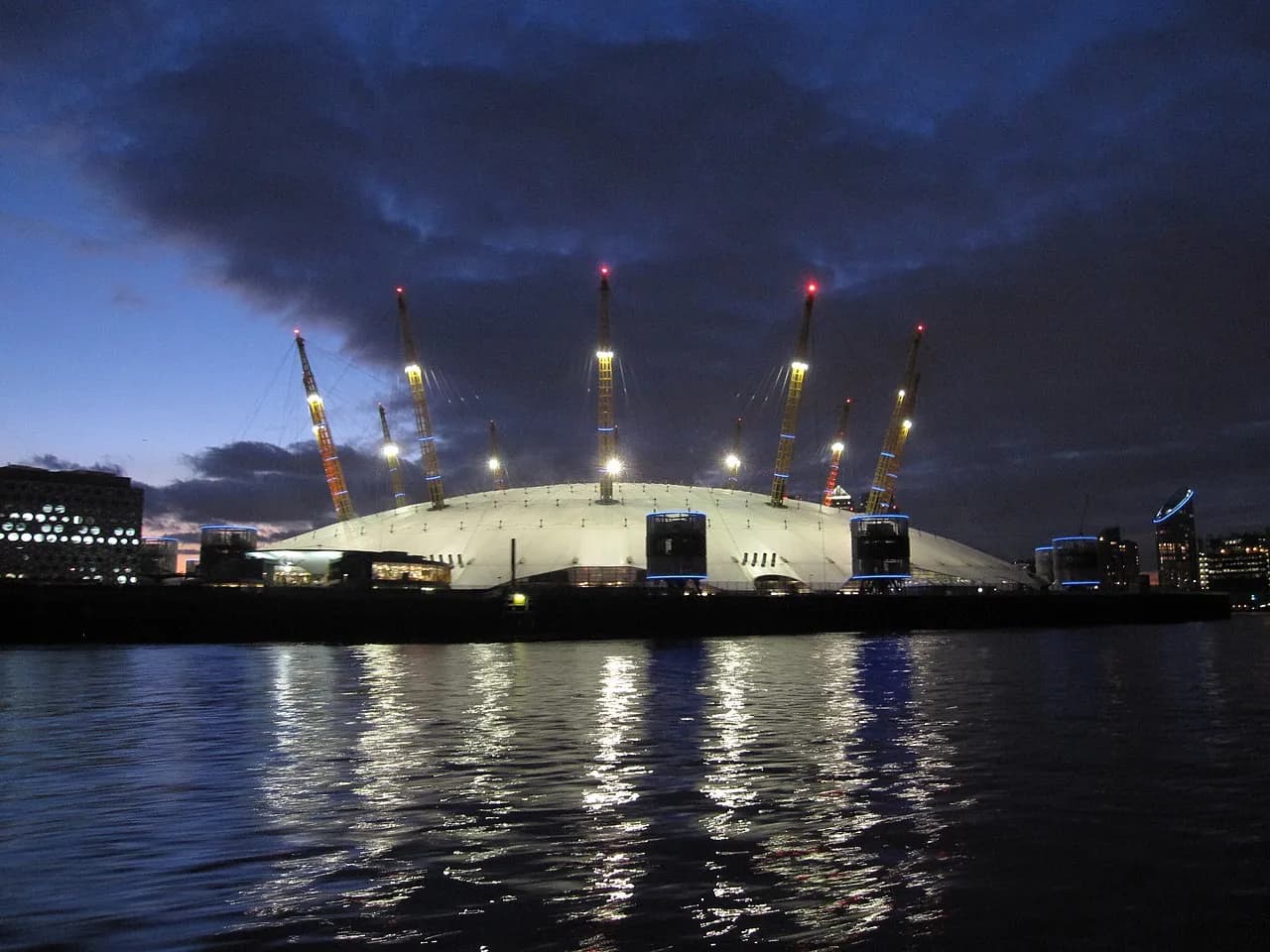 The illuminated O2 entertainment complex in Greenwich, London, at night