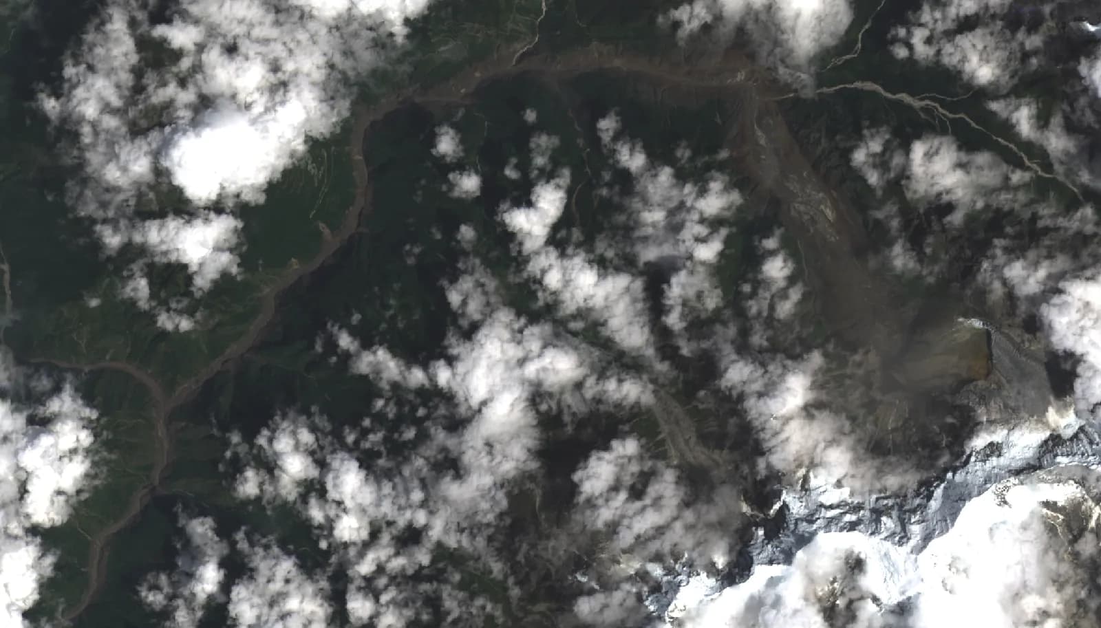 Satellite image of flood-affected terrain near the Nepal–Tibet border.