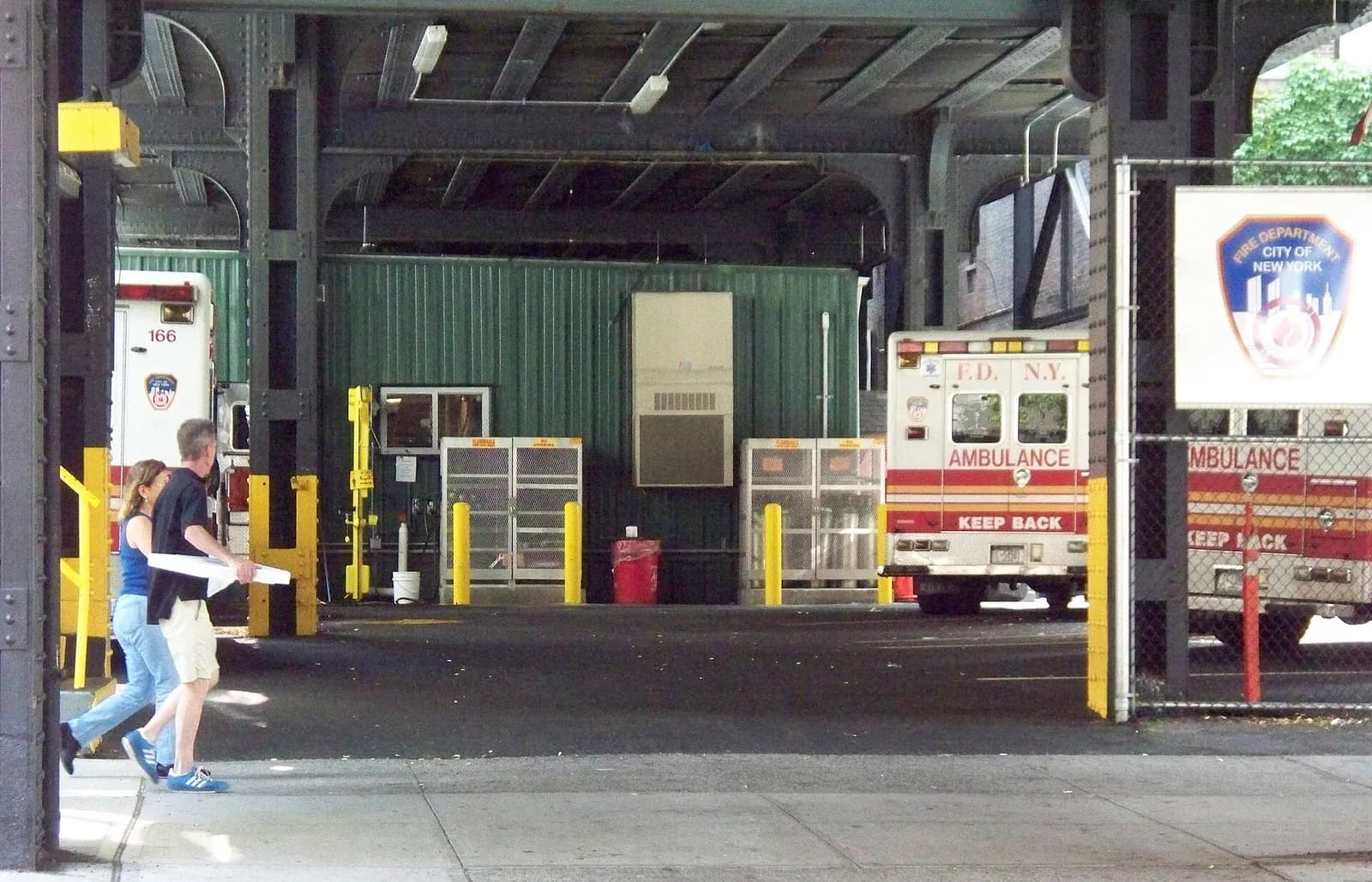 FDNY EMS ambulance station beneath the High Line in Chelsea, Manhattan.