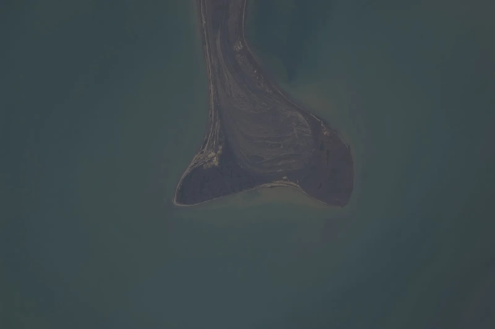View from the International Space Station showing Kulaly Island and sediment in the Caspian Sea off Kazakhstan.