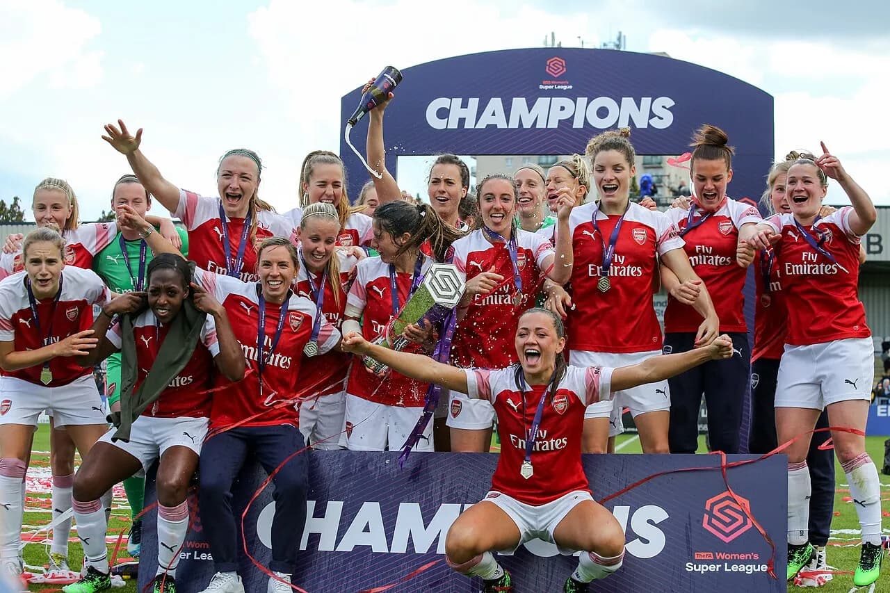 Arsenal Women players celebrate together after winning the 2018–19 FA Women’s Super League