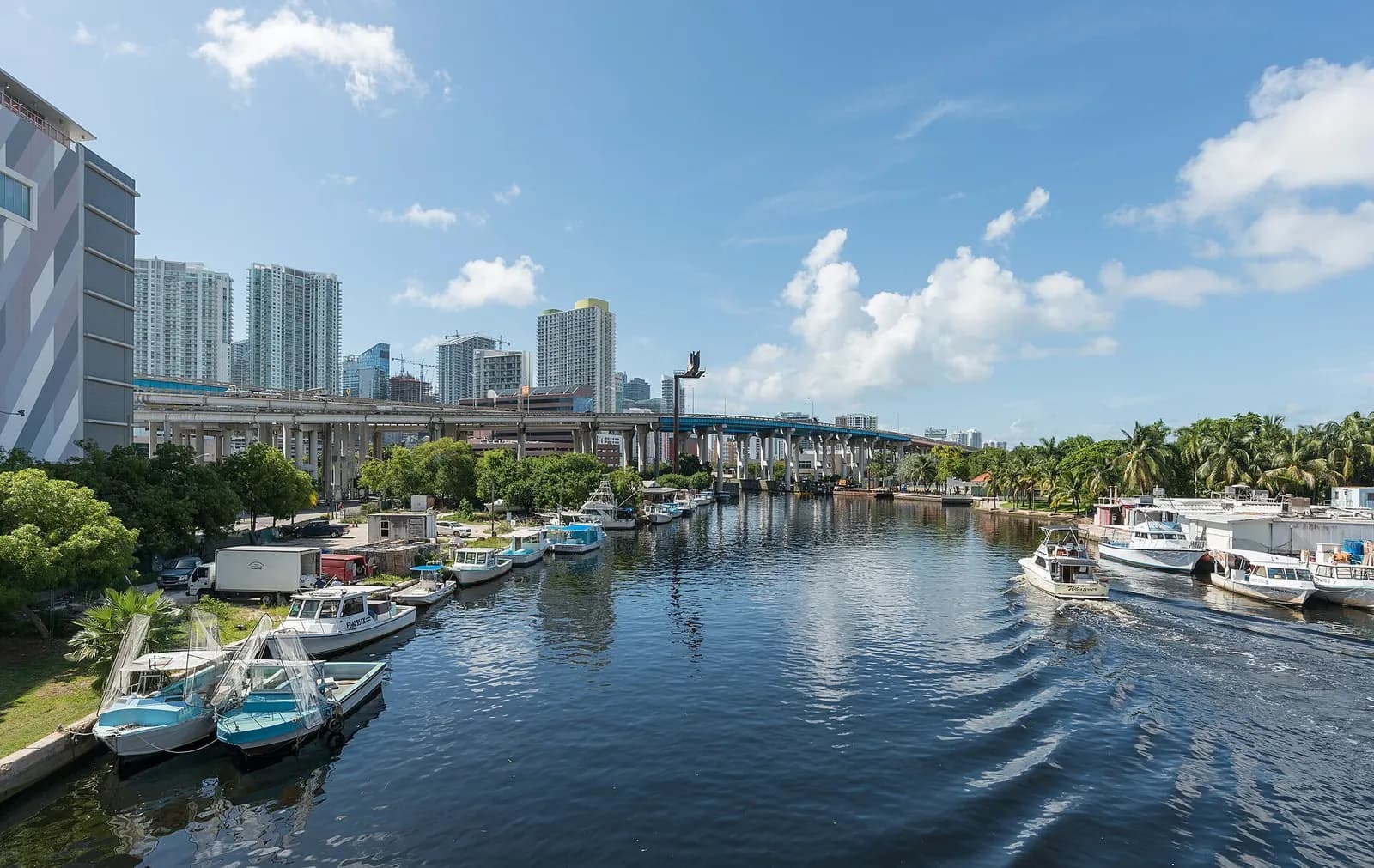Northward view of downtown Miami and the Miami River from a bridge on First Street.