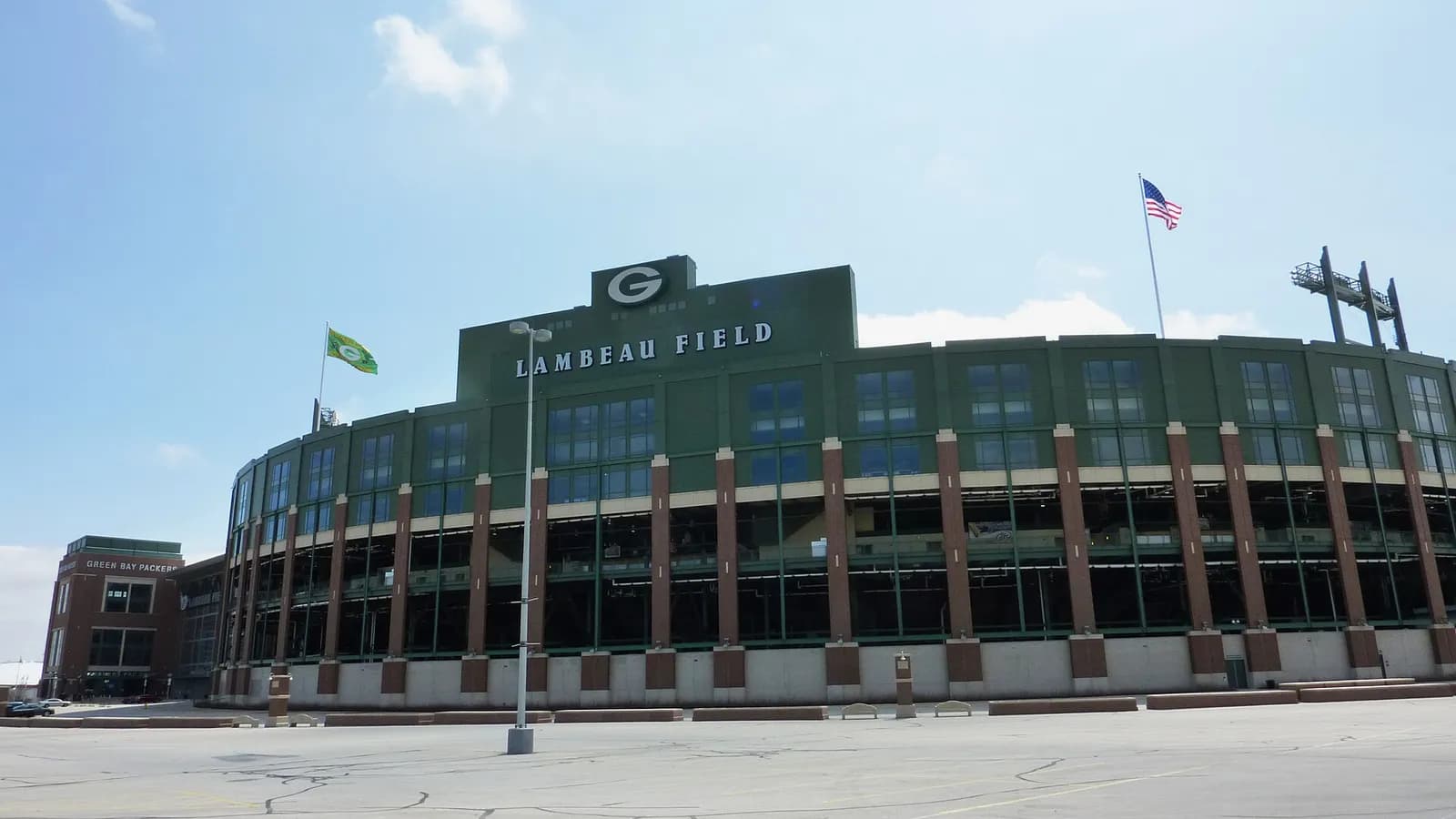 Exterior of Lambeau Field, home stadium of the Green Bay Packers.