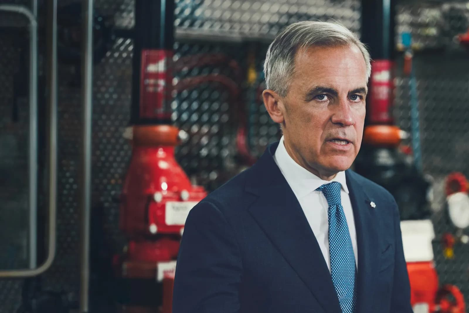 Canadian Prime Minister Mark Carney at a union pipefitting facility in Calgary.