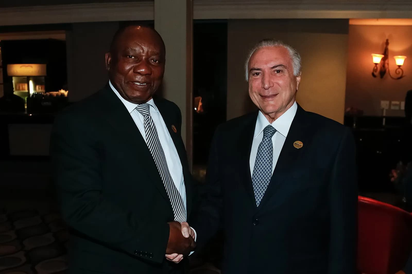 Cyril Ramaphosa and Michel Temer pose together in Johannesburg.